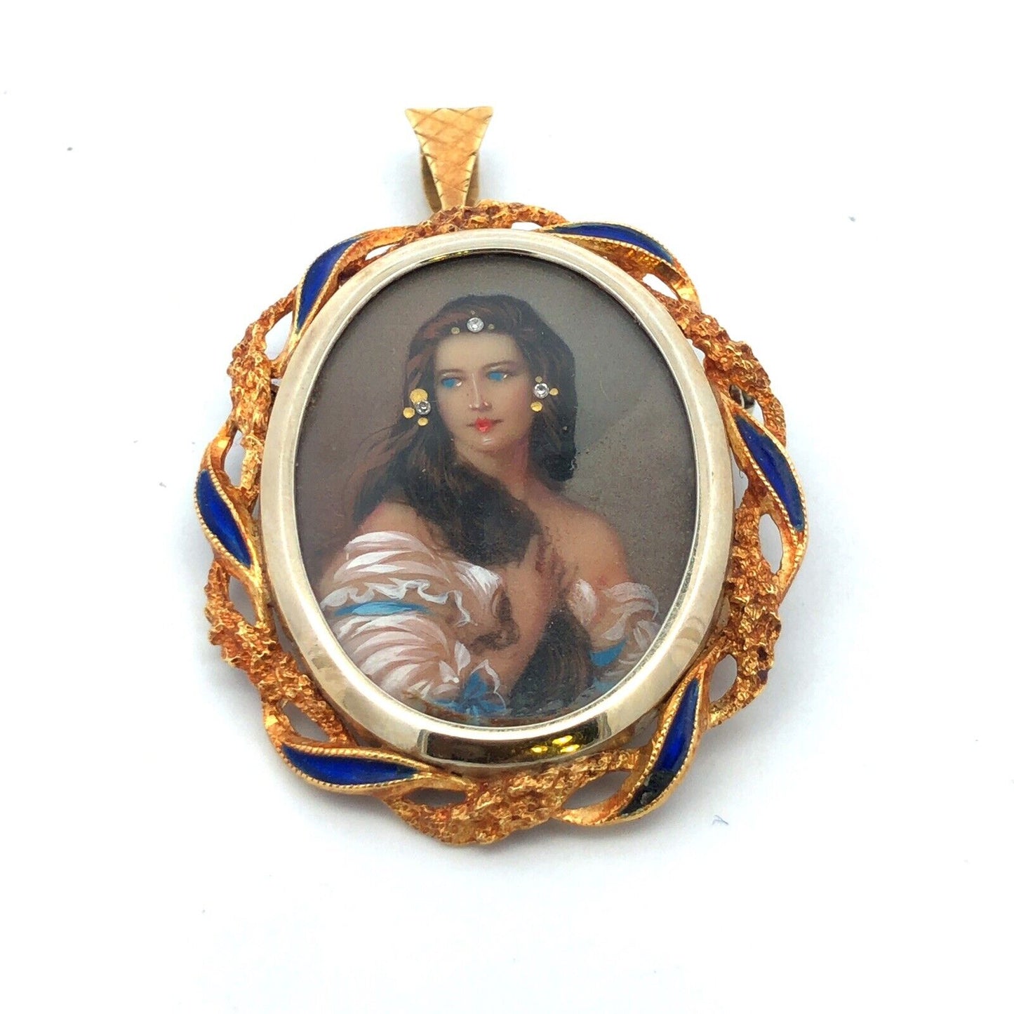 Victorian VIC 18K Yellow Gold Diamond Enamel Painted Portrait Pendant Brooch