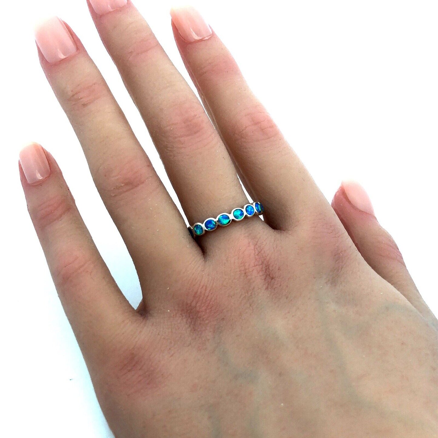 925 Sterling Silver Round Blue Opal Inlay Bubble Stackable Band Ring