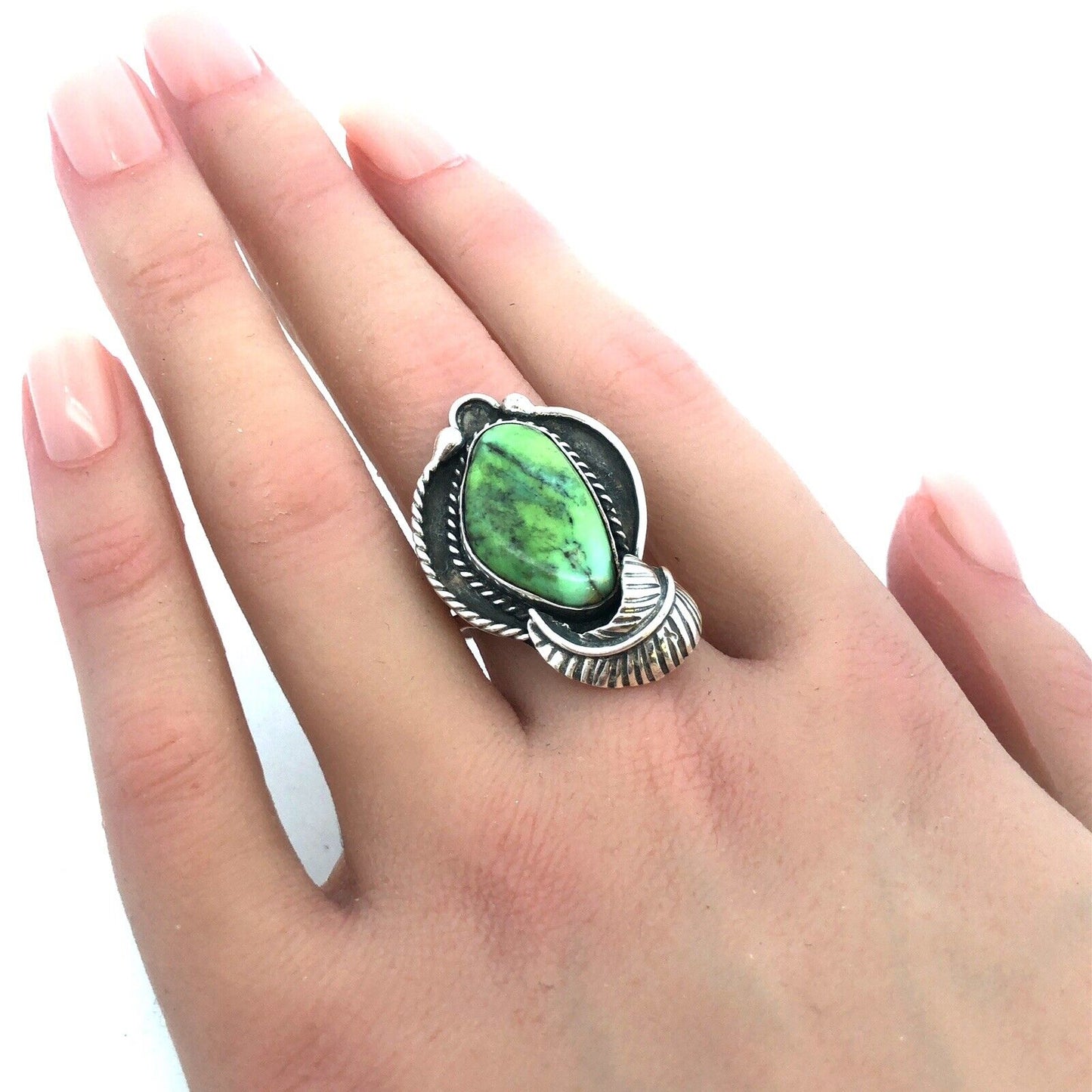 Native American 3 H Shop 925 Sterling Silver Green Turquoise Squash Blossom Ring