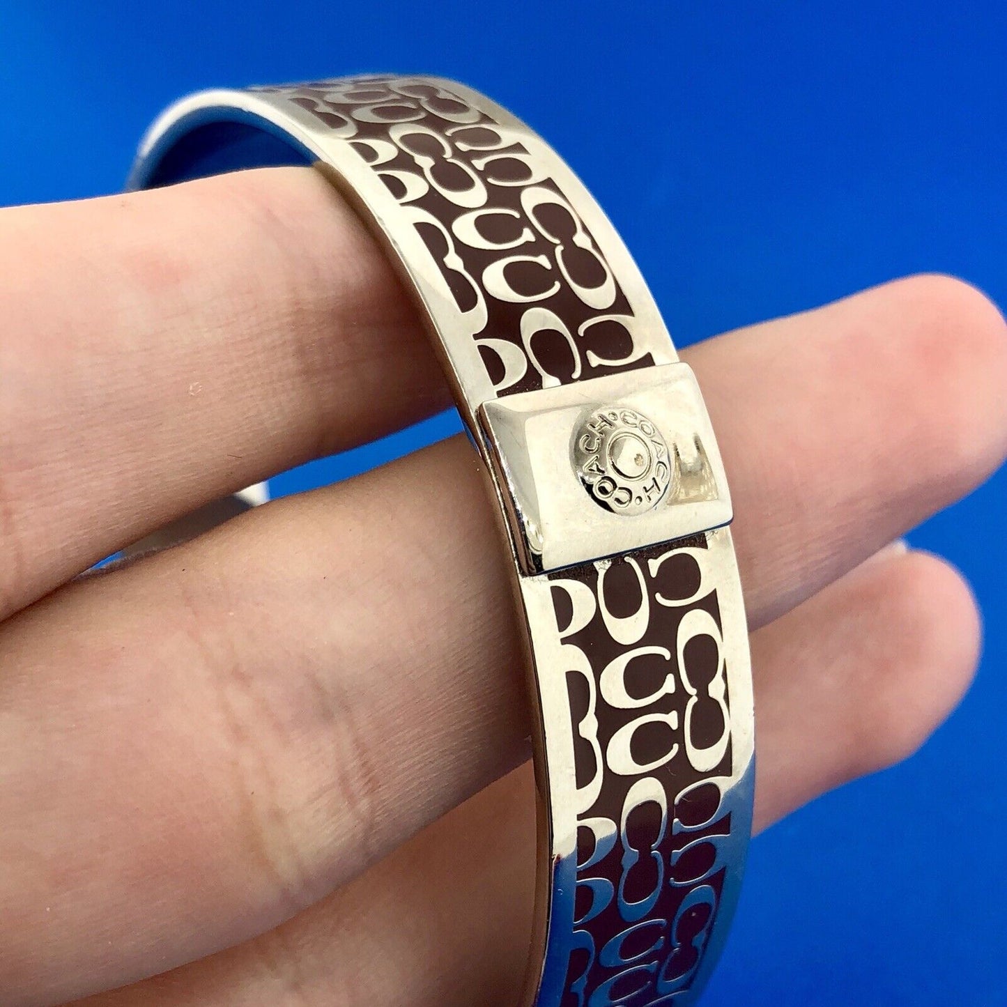 Authentic Coach Silver Tone Burgundy C Signature 1/2" Bangle Cuff Bracelet
