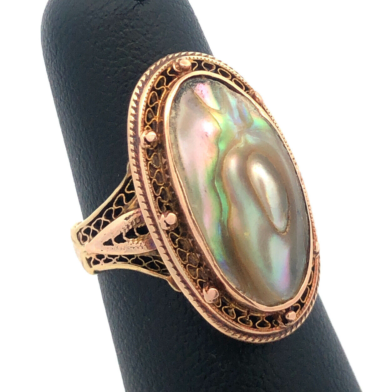 Vintage Art Deco Retro 10K Yellow Gold Abalone Ring with Filigree Detailing
