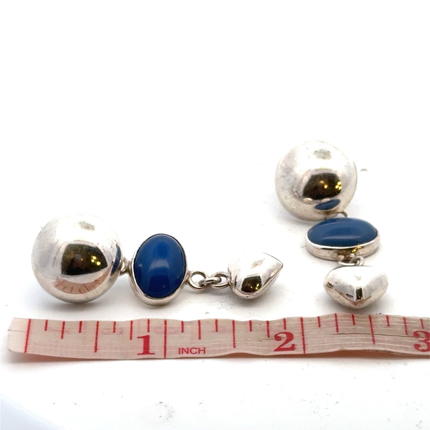 Designer Mexico 925 Sterling Silver Blue Chalcedony Dome Heart Dangle Earrings