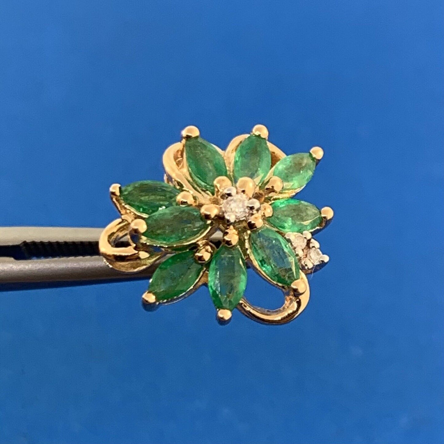 Designer 10K Yellow Gold Marquise Emerald Diamond Accented Floral Stud Earrings