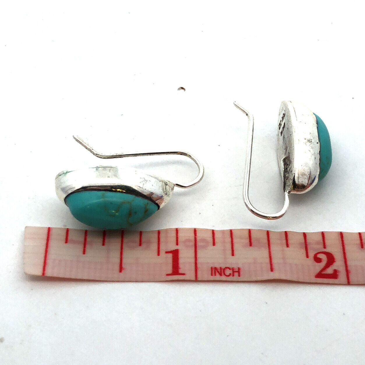 Vintage Mexico 925 Sterling Silver Oval Turquoise Hook Dangle Earrings