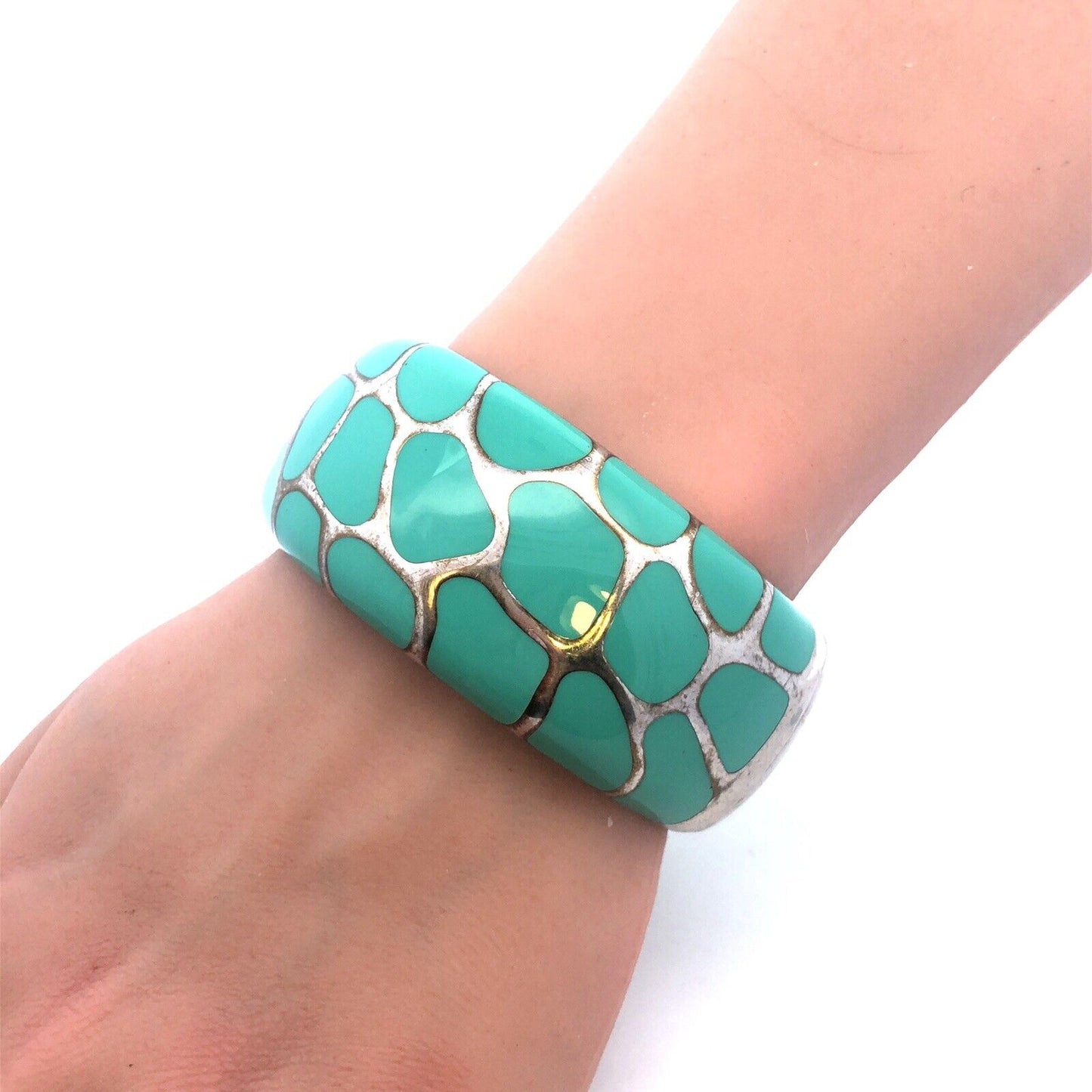 Vintage Angelique De Paris Sterling Silver Turquoise Resin Hinged Cuff Bracelet