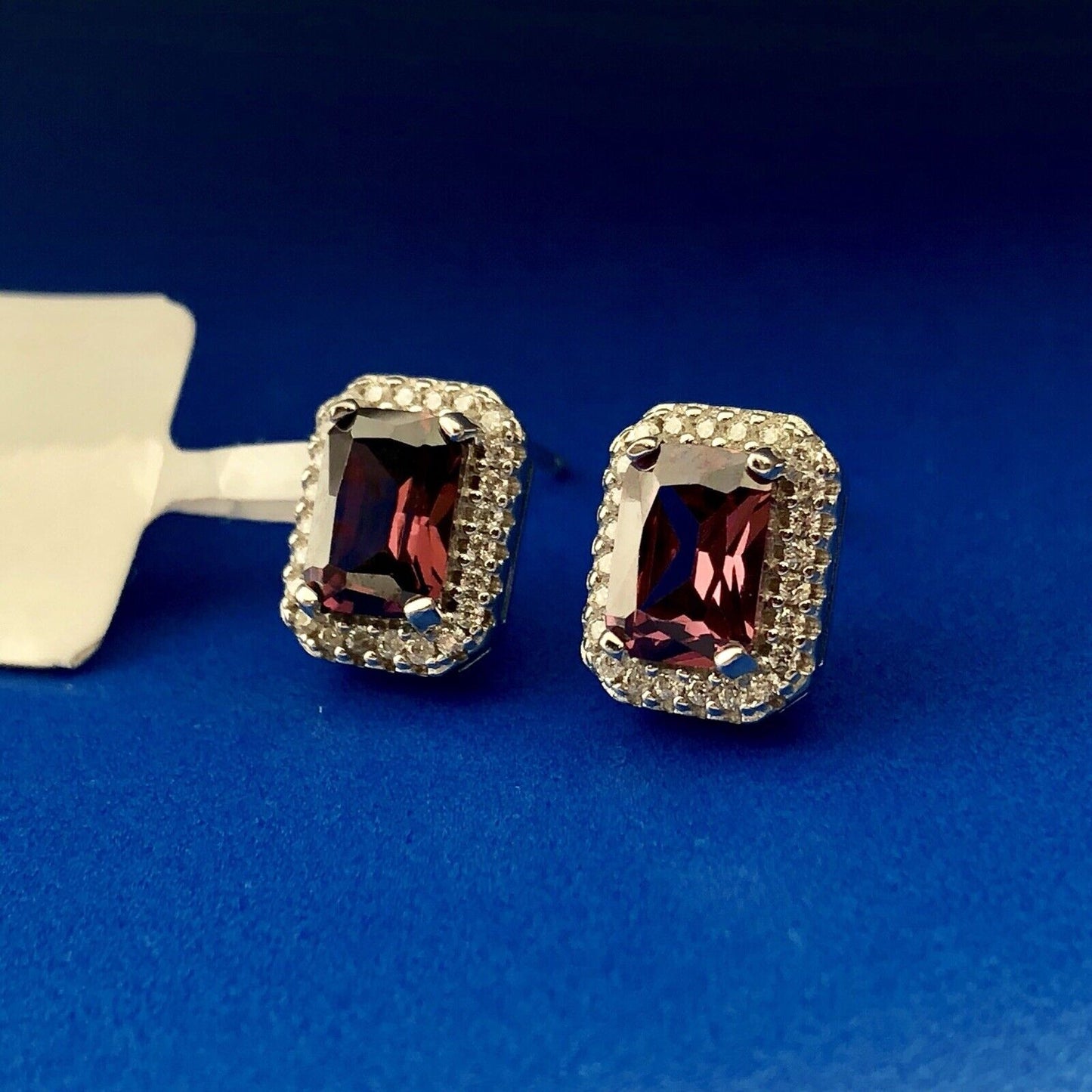 Designer OJL Sterling Silver Rhodolite Garnet Diamond Halo January Stud Earrings