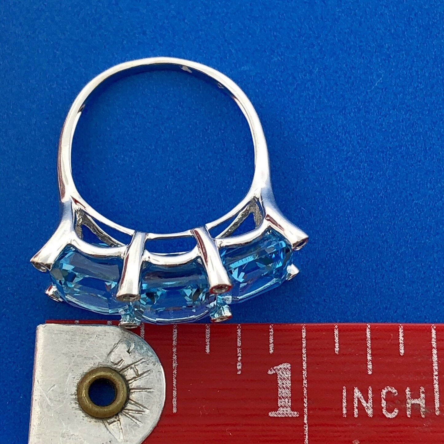 14K White Gold Emerald Cut Swiss Blue Topaz Blue Diamond Accent Size 8 Ring