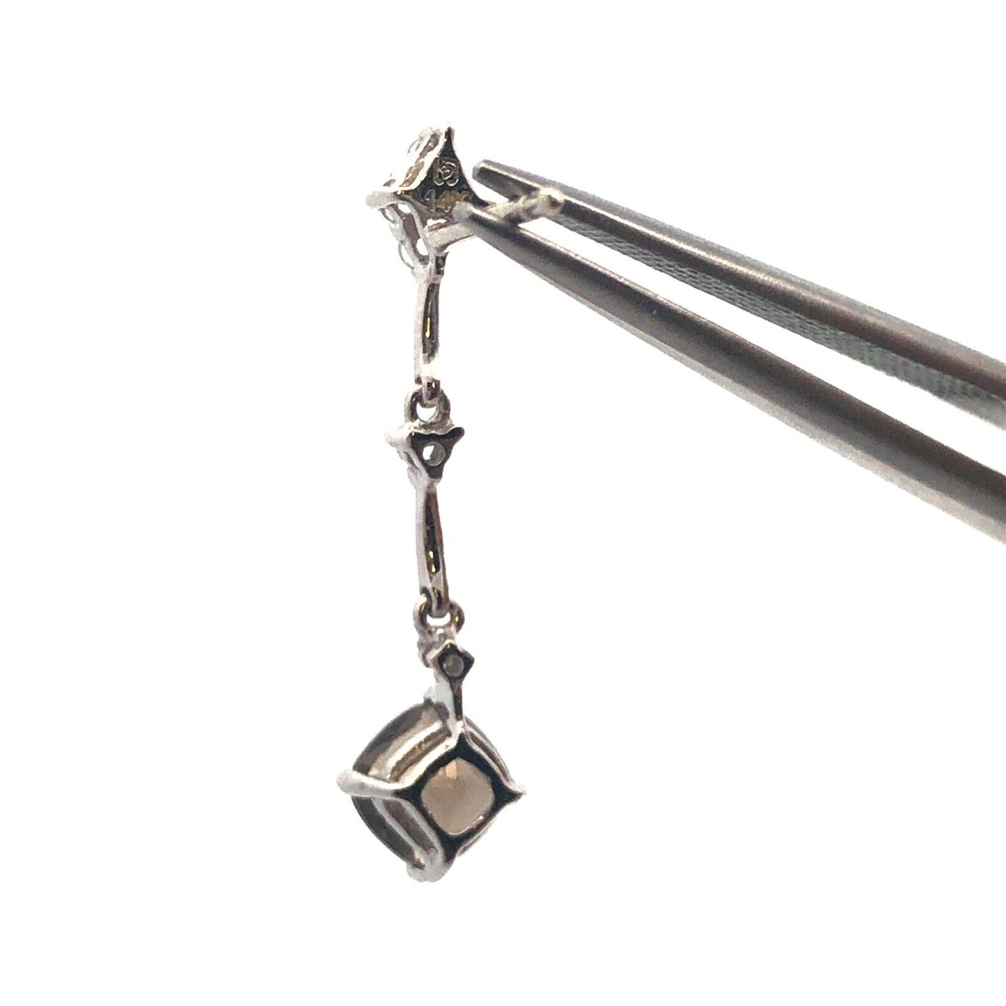 Gorgeous 14k White Gold Cushion Smoky Quartz White Accent Dangle Stud Earrings