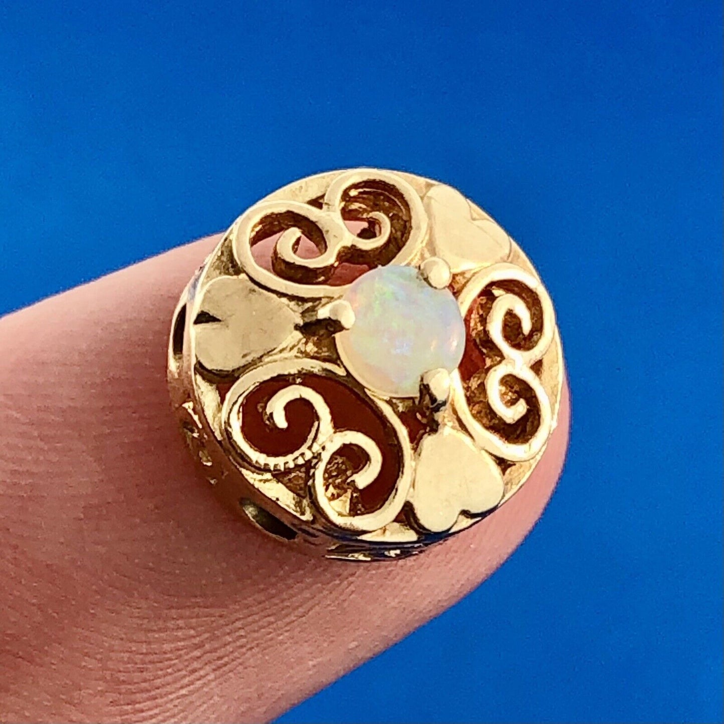 Vintage 10K Yellow Gold Opal Cabochon Heart Scroll OpenWork Slide Bracelet Charm