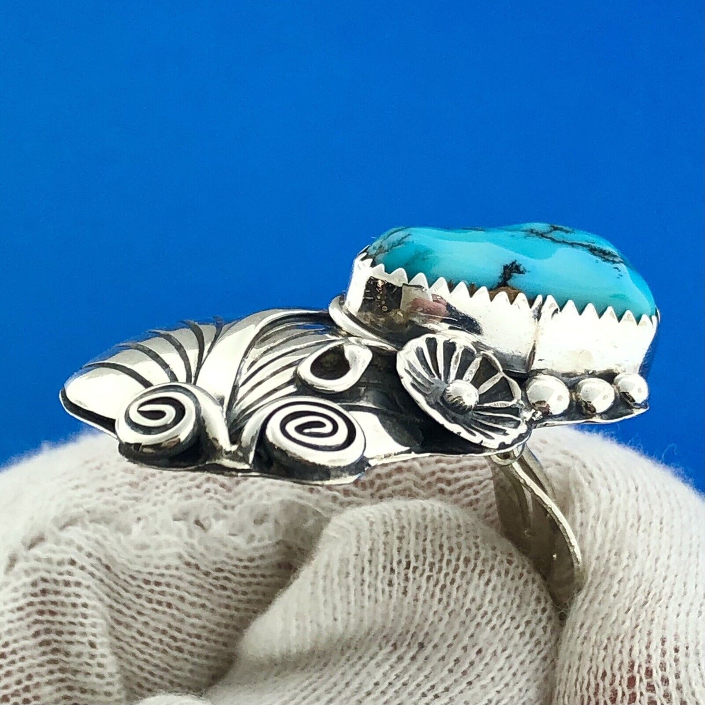 Vintage Old Pawn 925 Sterling Silver Turquoise Squash Blossom Clip On Earrings