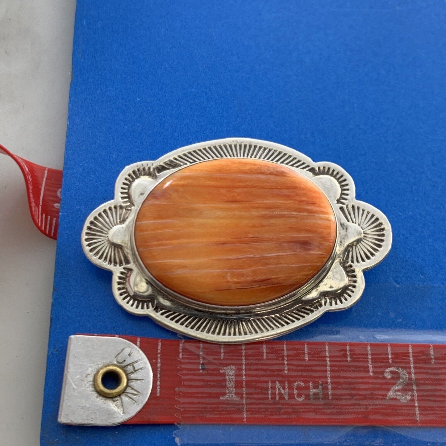 Native American Sterling Silver Oval Orange Spiny Turquoise Concho Pin Brooch