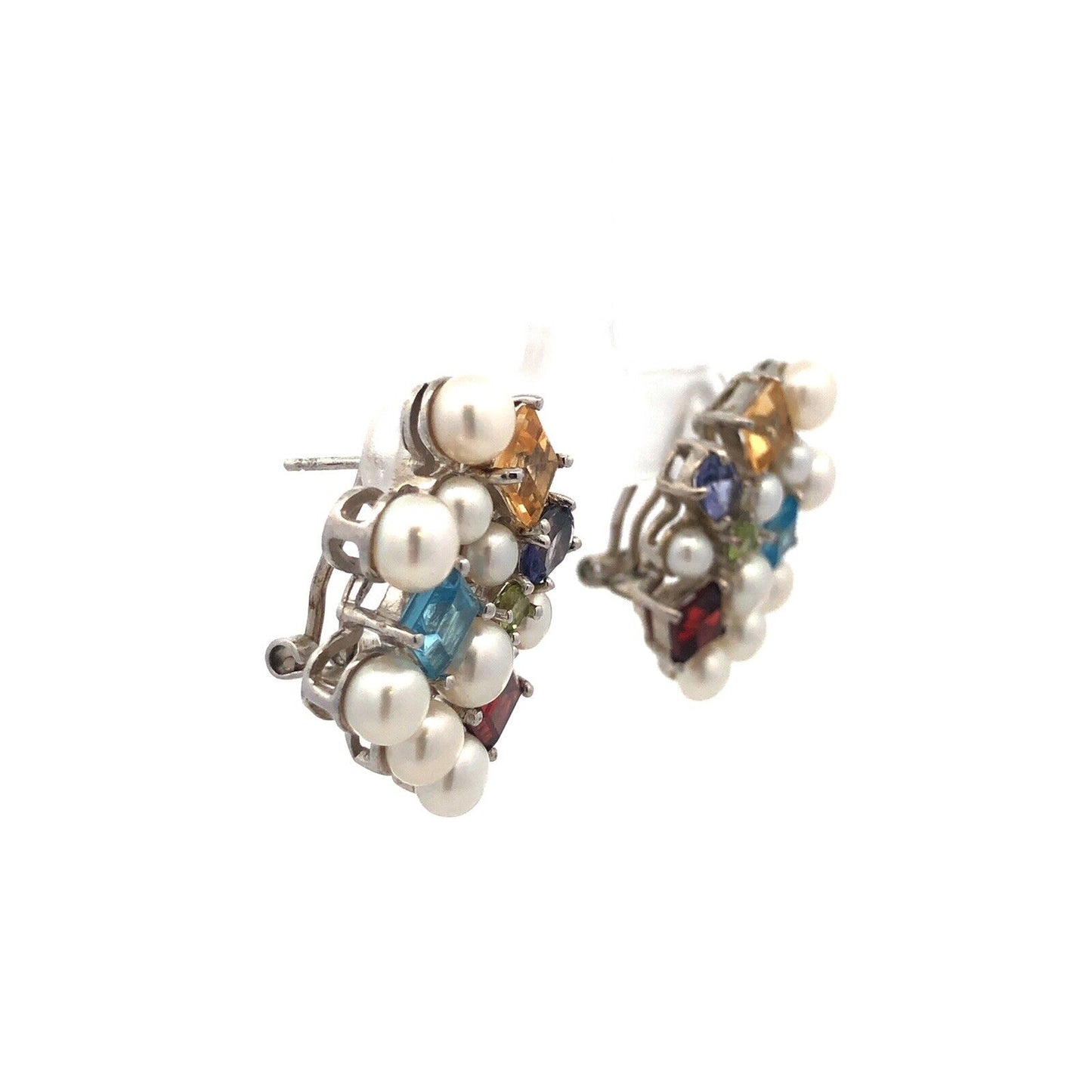 Ross Simons 925 Sterling Silver Pearl Multi Gemstone Cluster Stud Earrings