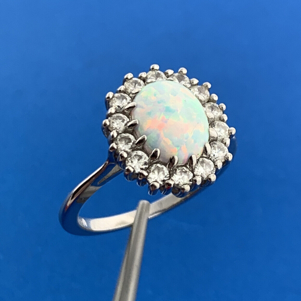 Designer 925 Sterling Silver Opal Cabochon Cubic Zirconia CZ Halo Cocktail Ring