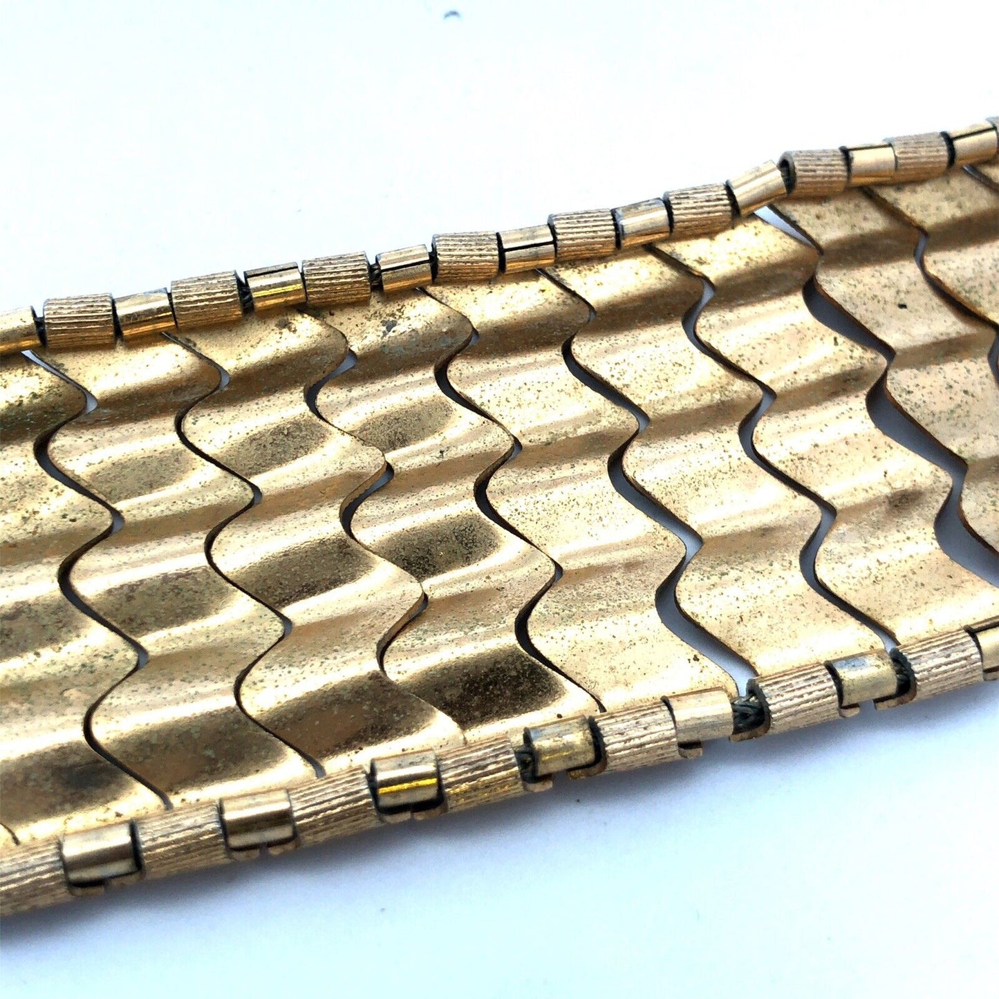 Mid Century Modernist Gold Tone Wave Link Wide Cuff Statement Bracelet