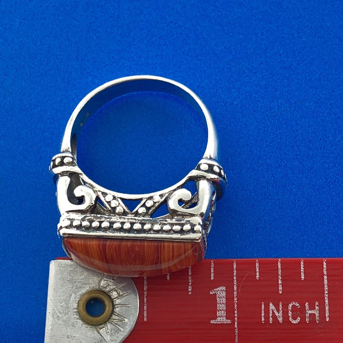 Sterling Silver 925 Red Banded Jasper Scroll Bead Work Statement Bar Dome Ring