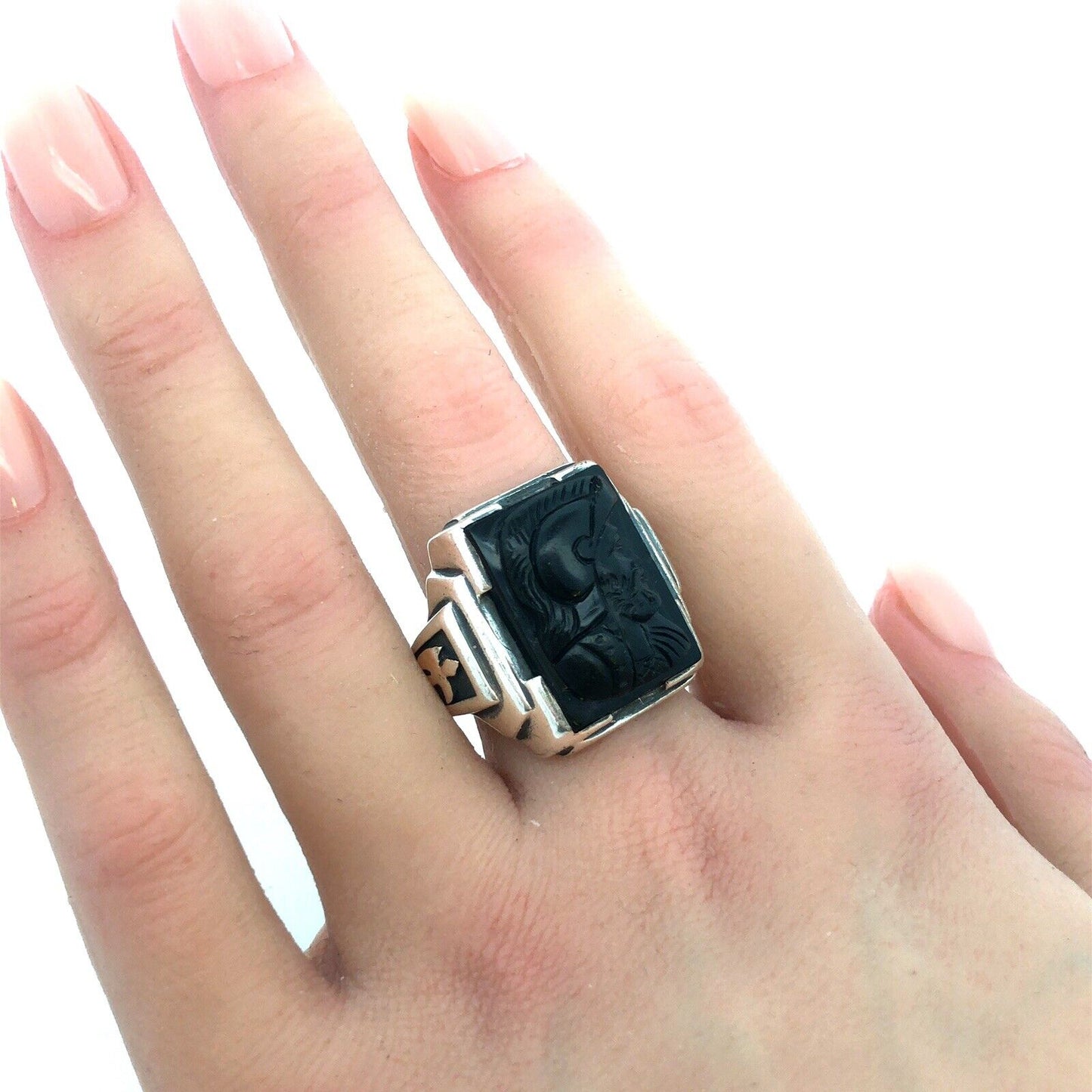Designer G 925 Sterling Silver Carved Black Onyx Viking Roman Soldier Mens Ring