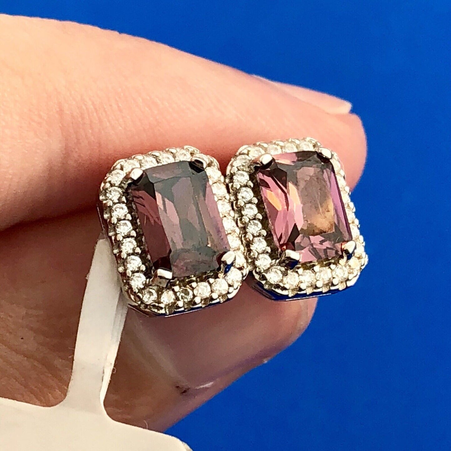 Designer OJL Sterling Silver Rhodolite Garnet Diamond Halo January Stud Earrings