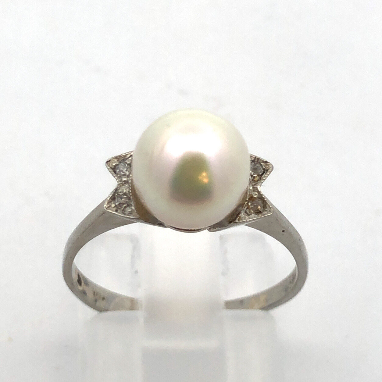Vintage 18K White Gold Pearl Solitaire Size 6.5 Cocktail Ring