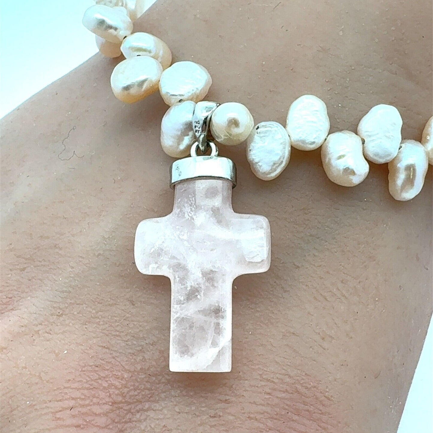 Estate 925 Sterling Silver Pink Rose Quartz Cross Charm Pearl Beaded Bracelet