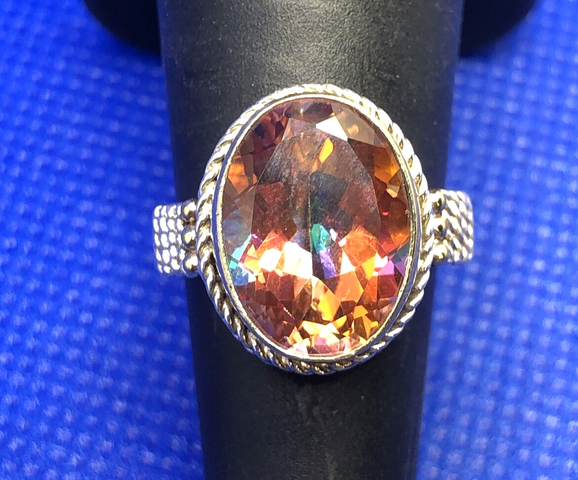 Designer Sterling Silver Oval Mystic Topaz Ribbed Twist Statement Cocktail Ring