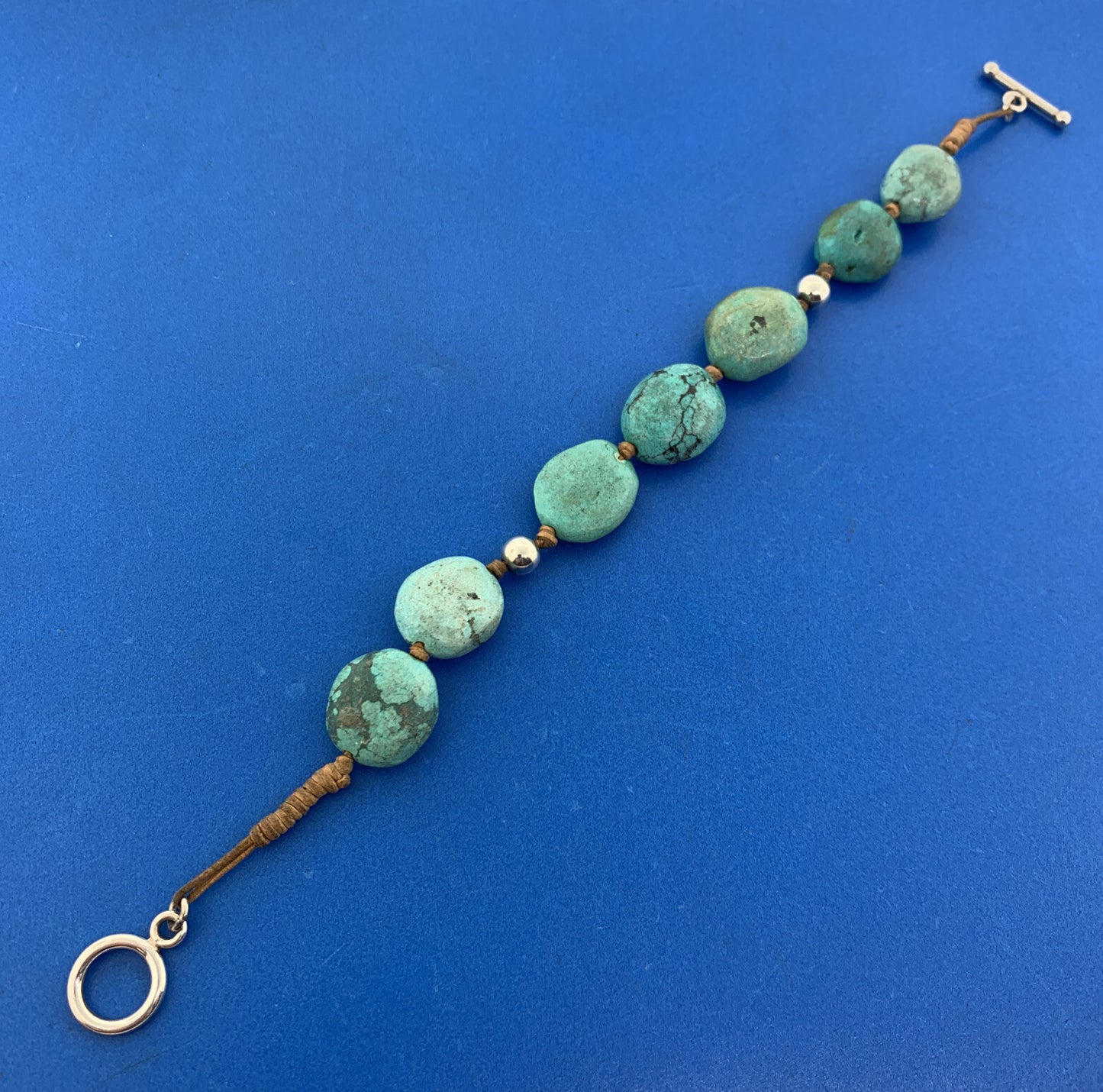 Artisan Sterling Silver 925 Chunky Turquoise Bead Leather Cord Toggle Bracelet