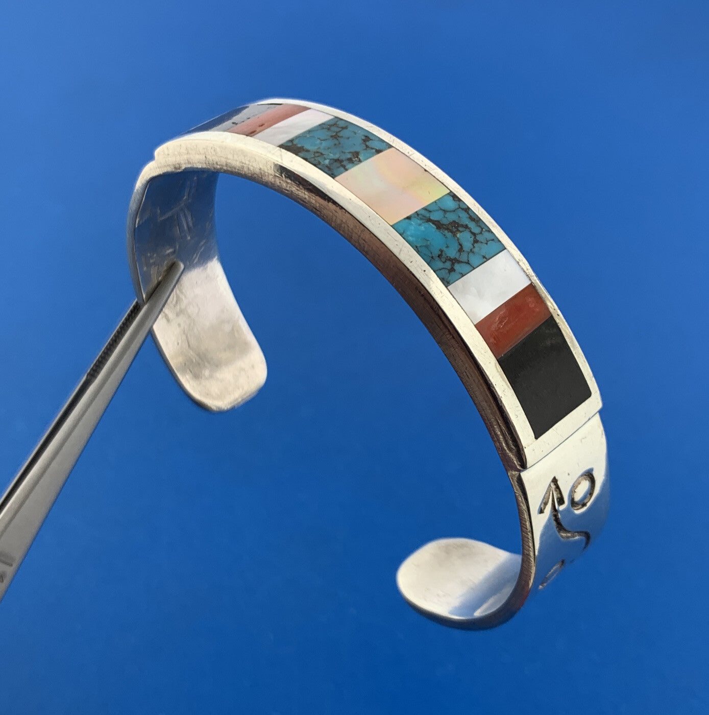 Native American 925 Sterling Silver Storyteller Mixed Gemstone Cuff Bracelet