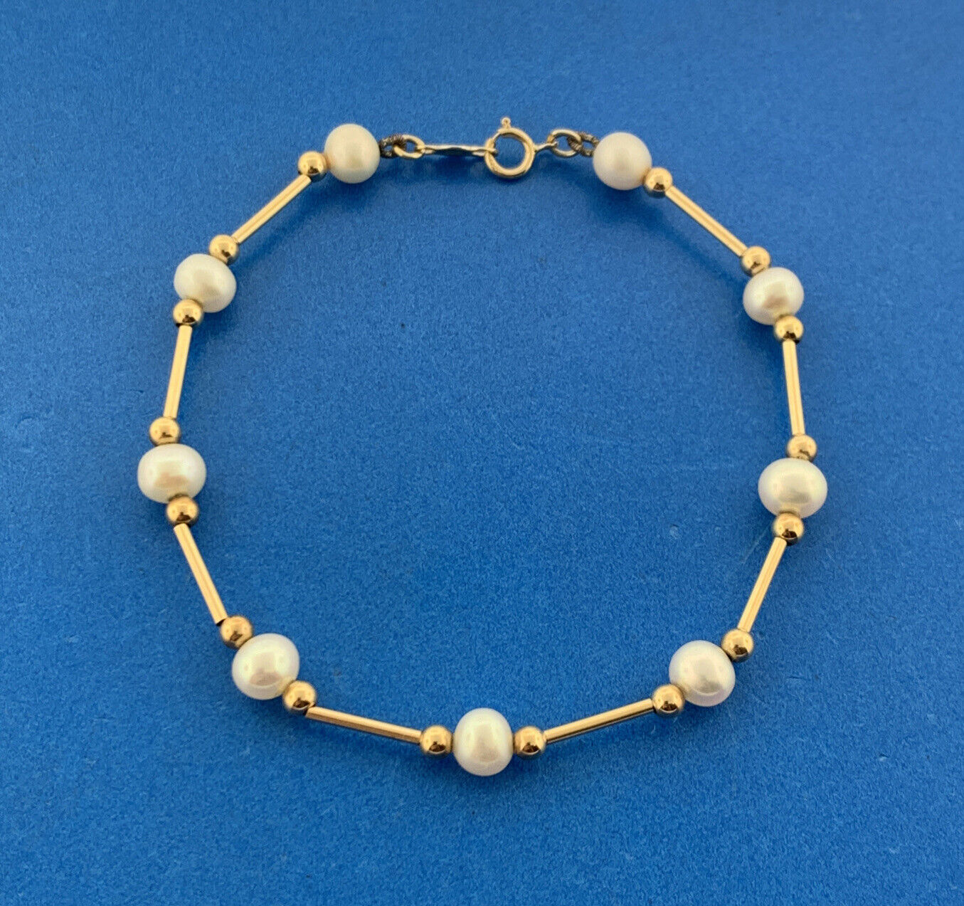 14K Yellow Gold Pearl & Gold Bead Bar June Wedding Anniversary Bracelet