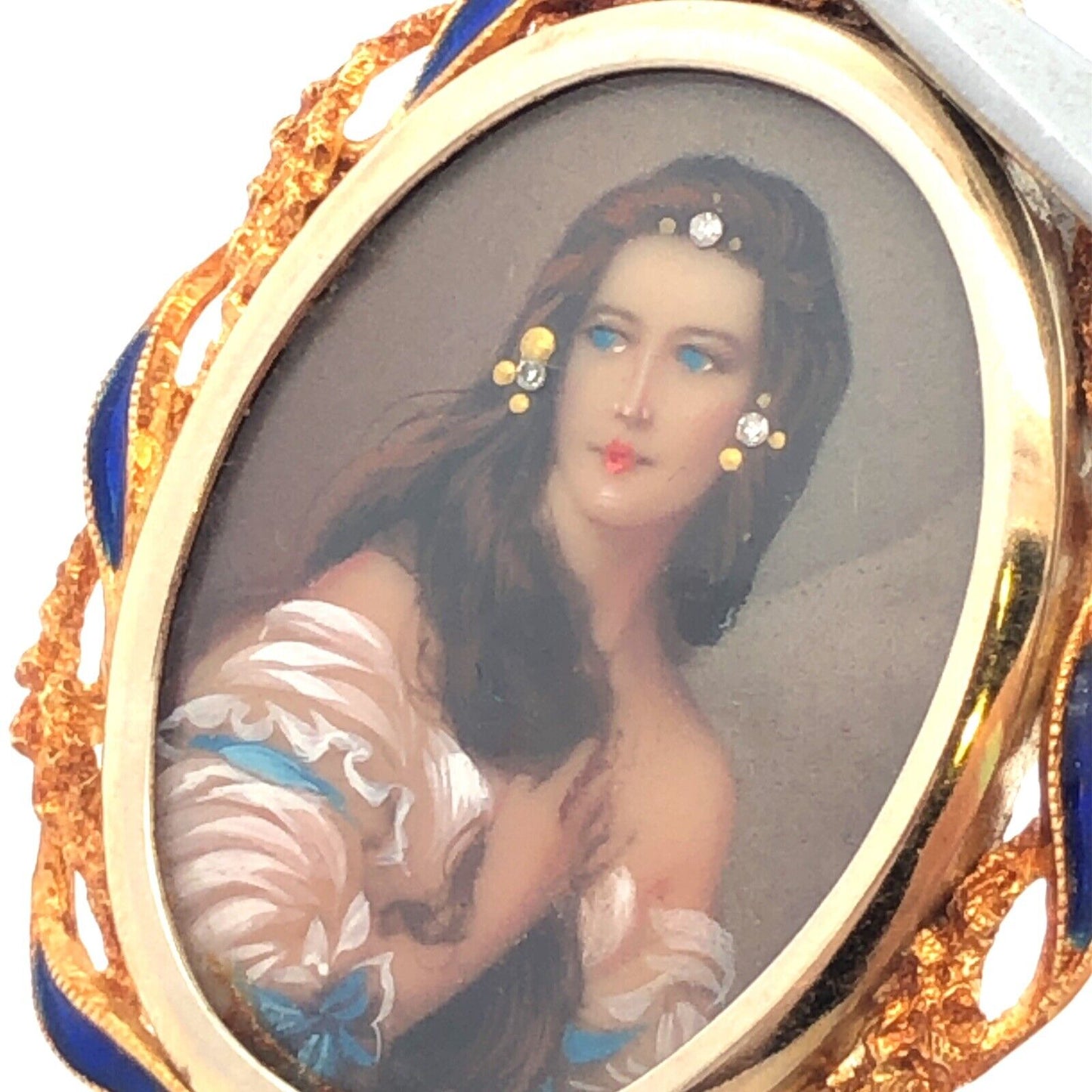 Victorian VIC 18K Yellow Gold Diamond Enamel Painted Portrait Pendant Brooch