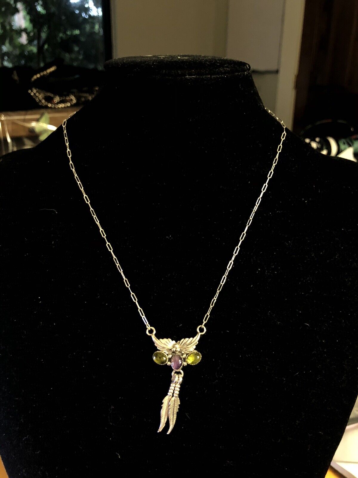 Jay King Desert Rose Trading Sterling Silver Amethyst Peridot Feather Necklace