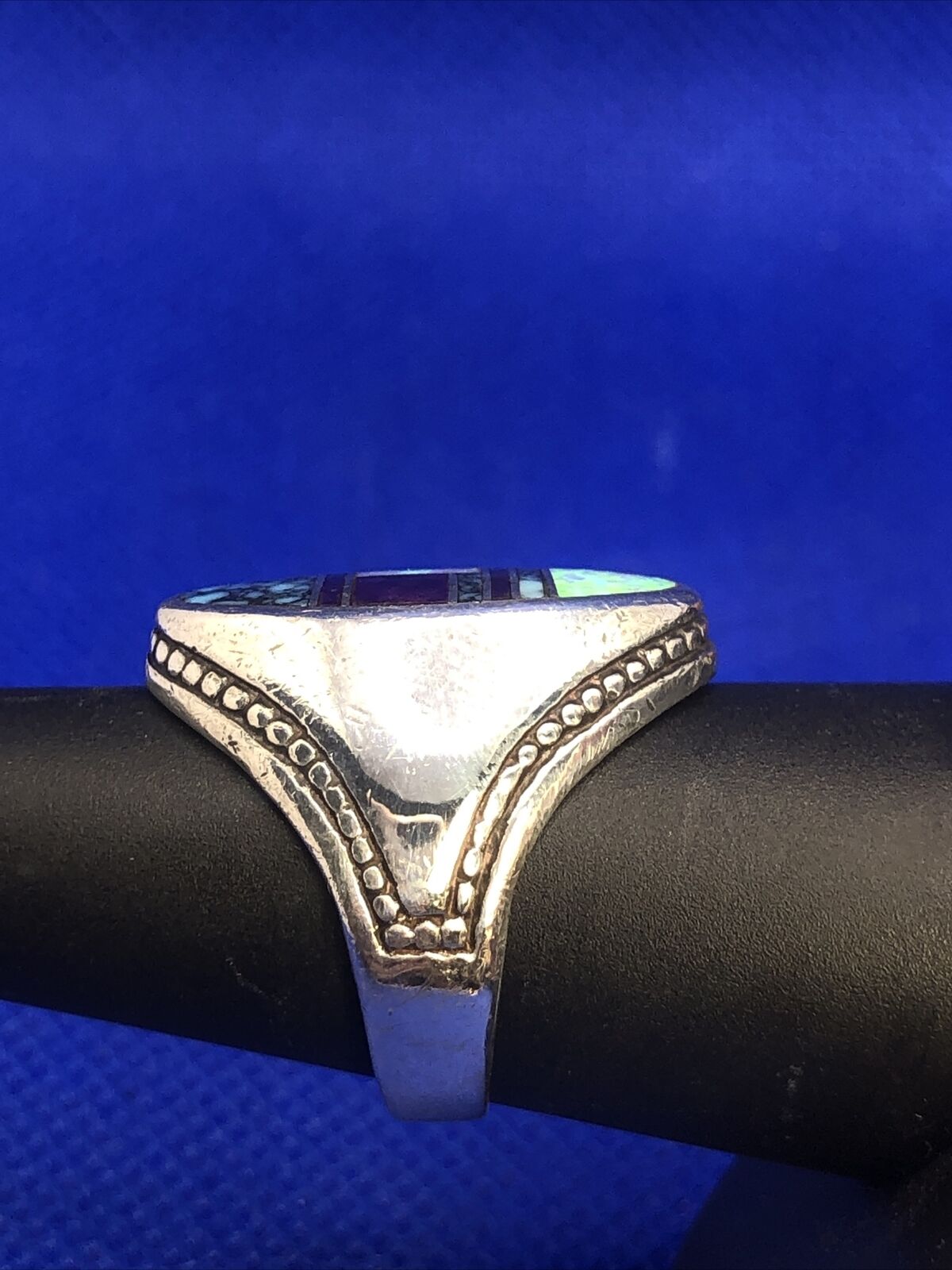 Vintage Designer Sterling Silver Purple Onyx Opal Turquoise Inlay Finger Ring