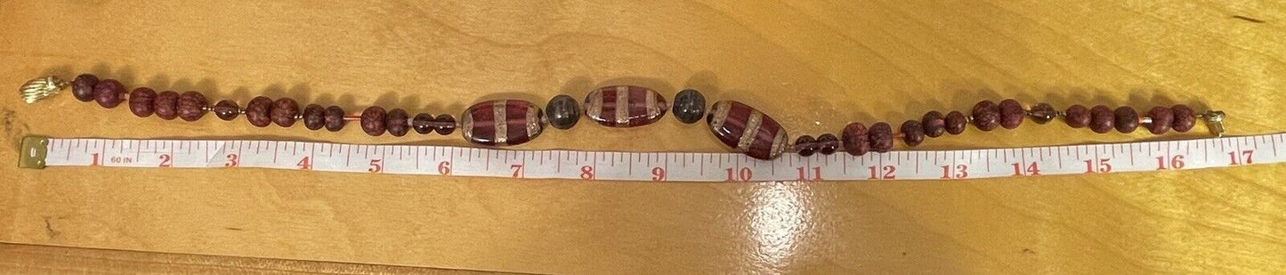 Artisan 14K Yellow Gold Amethyst Art Glass Wooden Mixed Bead Necklace