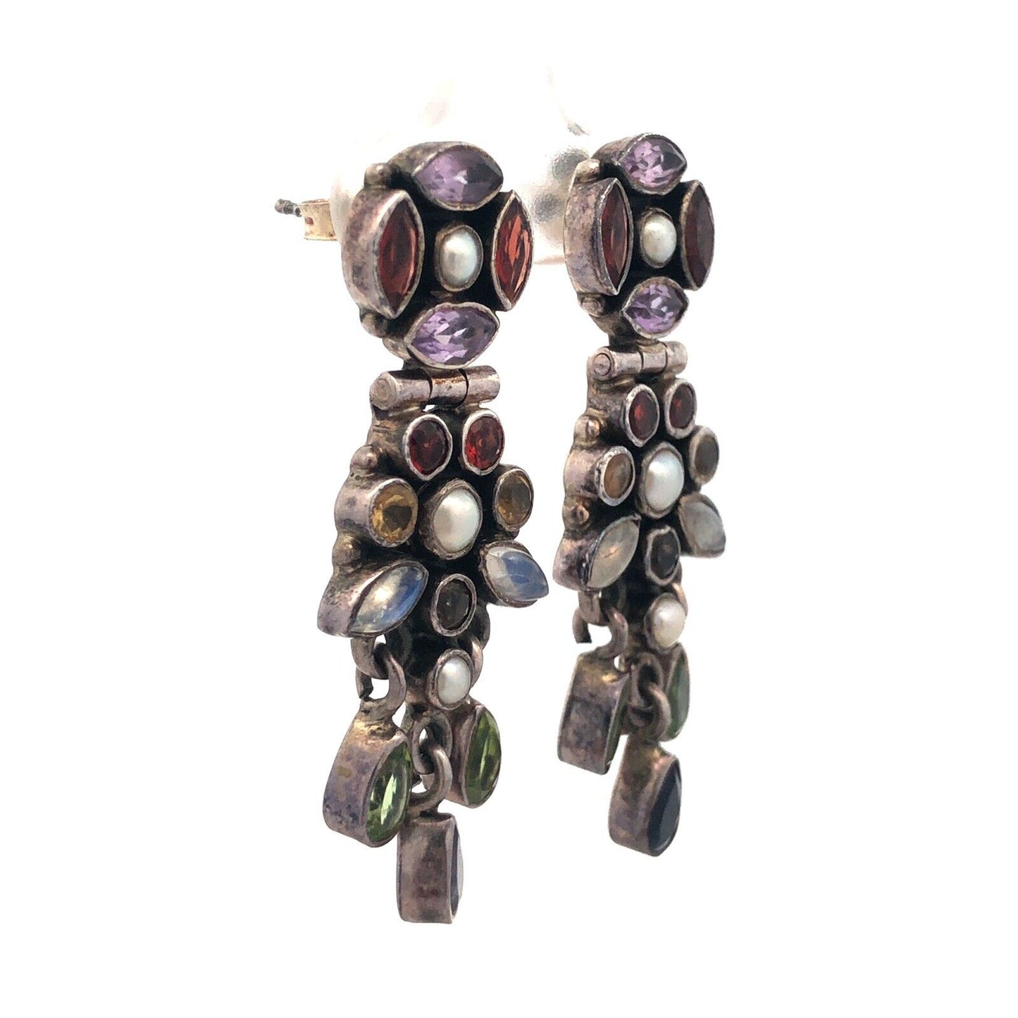 925 Sterling Silver Mixed Shaped Gemstone Floral Dangle Stud Earrings
