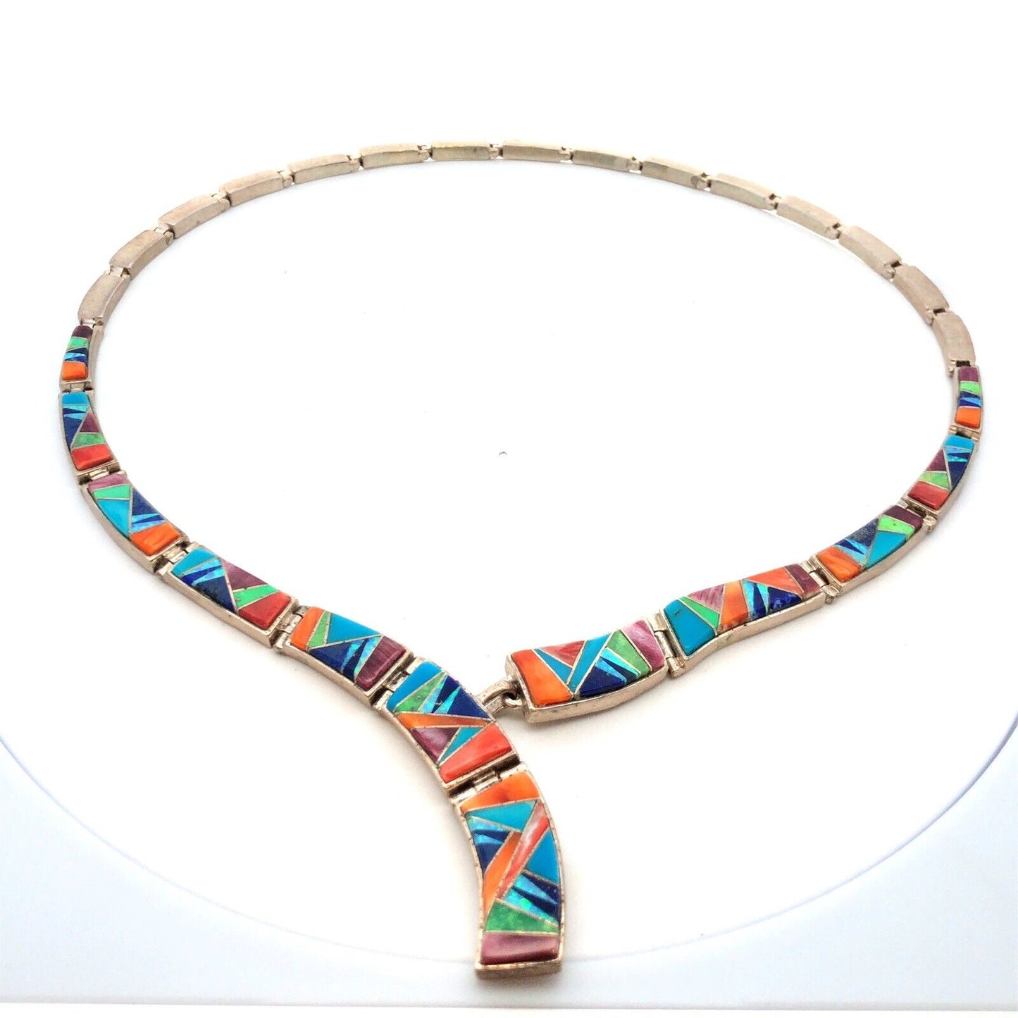 Calvin Begay Navajo Sterling Silver Gemstone Inlay Statement Collar Necklace