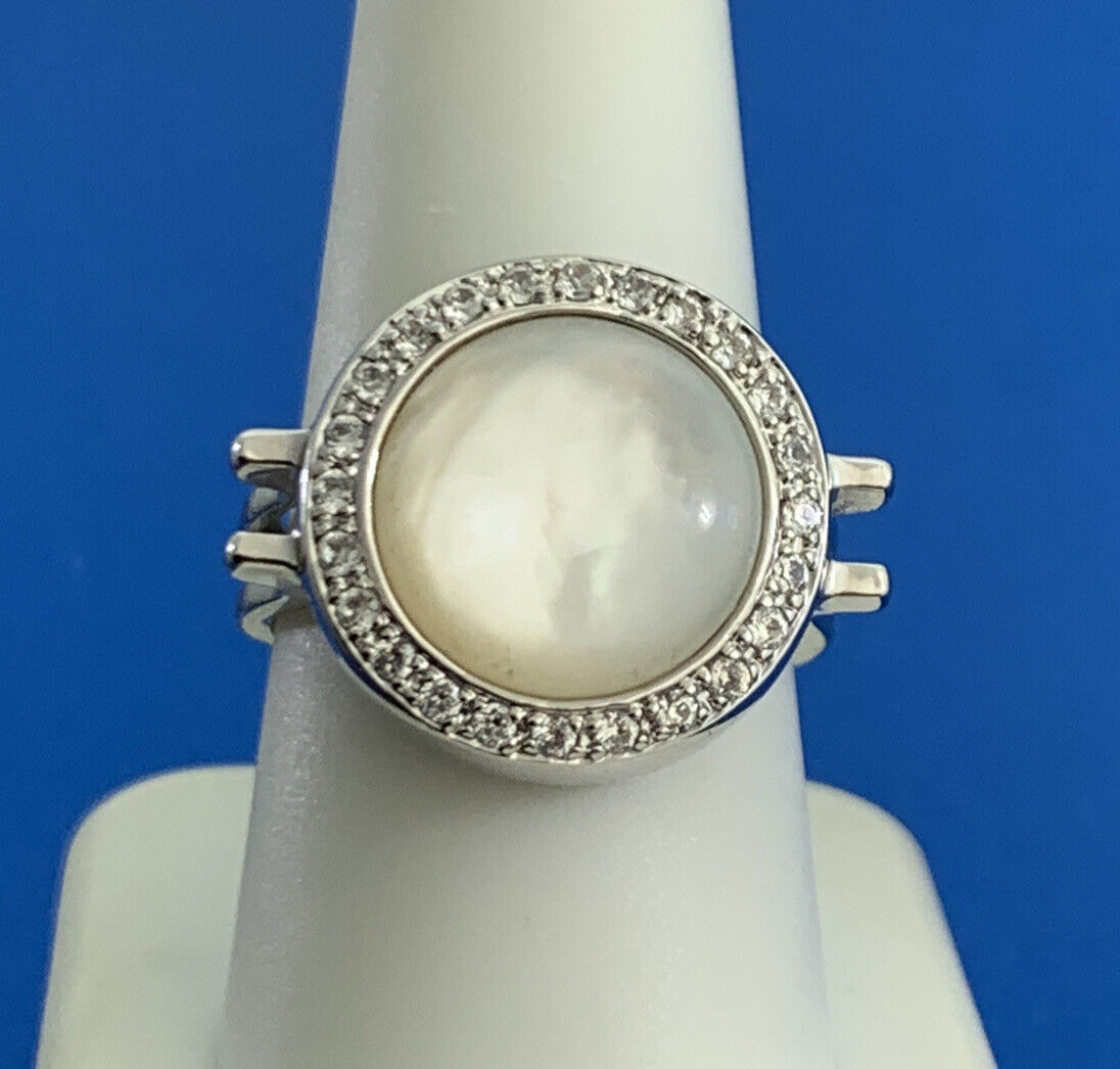 Designer Modernist 925 Sterling Silver Mother Of Pearl White Topaz Halo Ring