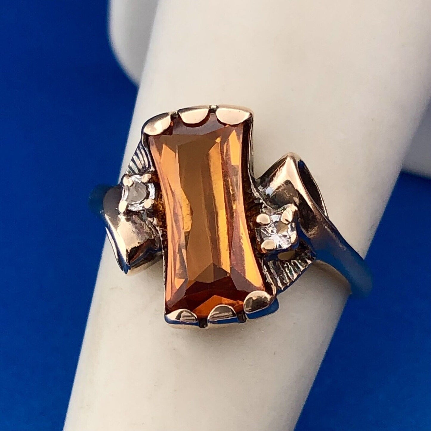 Art Deco Art Nouveau 10K Yellow Gold Citrine Diamond Free Form Bypass Ring