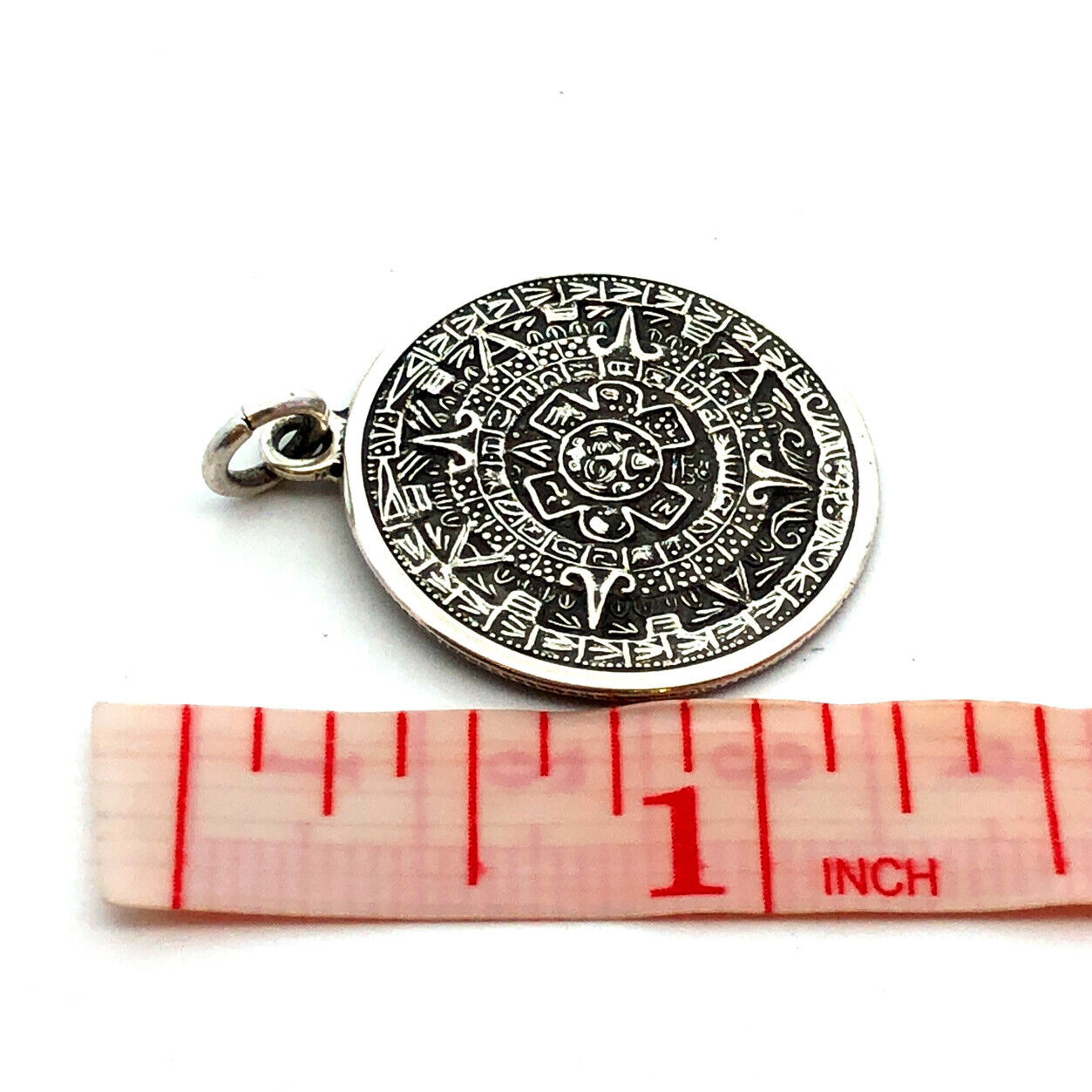 Vintage Hecho Mexico 925 Sterling Silver Mayan Textured Round Pendant