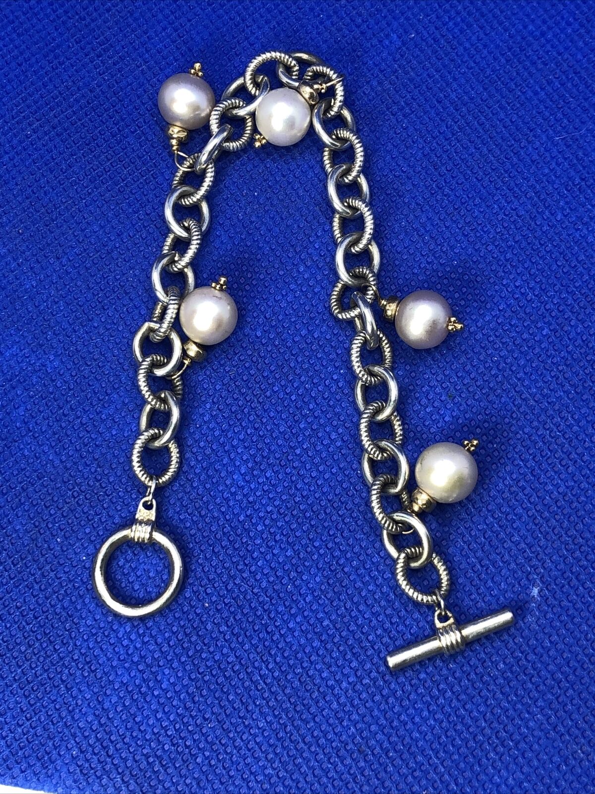 Estate 925 Sterling Silver 14K Gold Accented Pearl Charm Toggle Bracelet