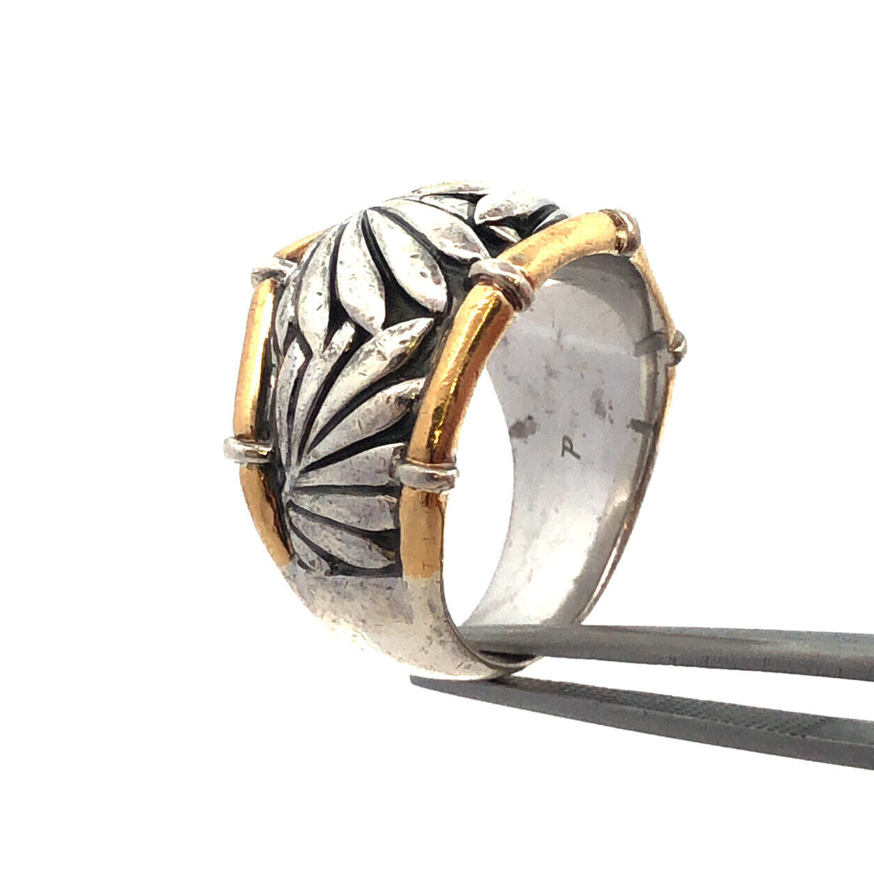 Designer P 925 Sterling Silver 22K Yellow Gold Palm Leaves Bamboo Wide Band Ring