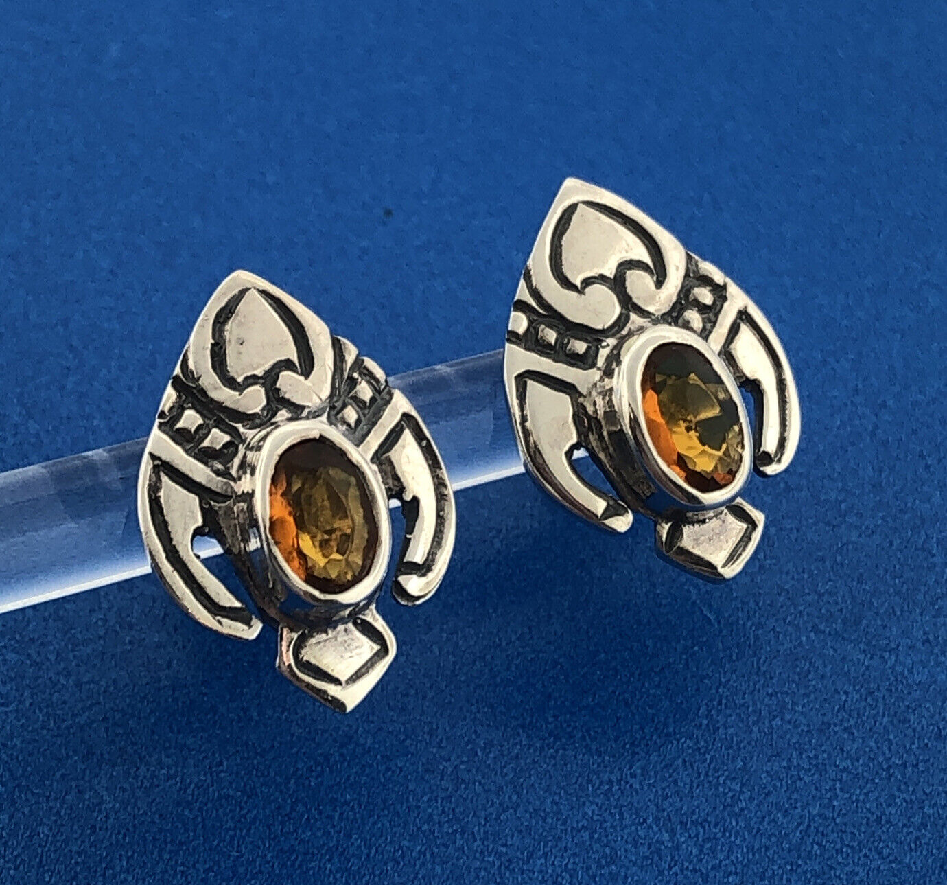 Vintage Sterling Silver 925 Oval Gold Quartz Concho Phoenix Design Earrings