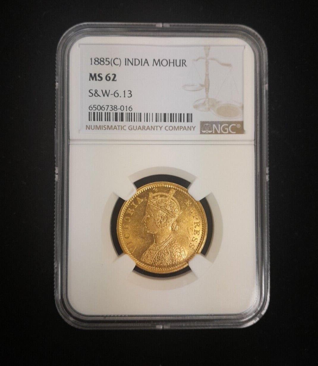 1885 C British India Mohur S & W - 6.13 NGC MS62 Gold Coin