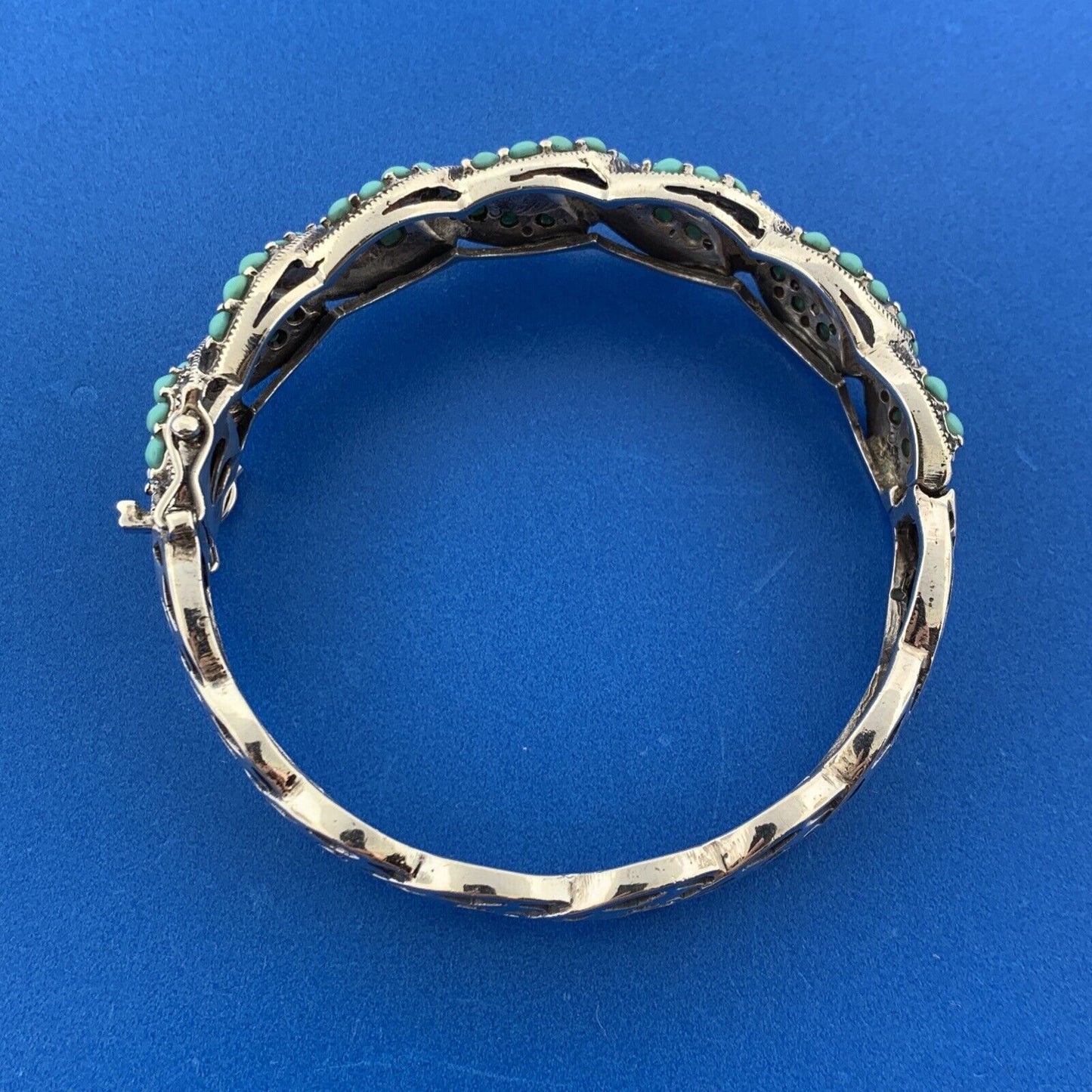 Sterling Silver 925 Turquoise Marcasite Dual Spiral 7" Hinged Cuff Bracelet