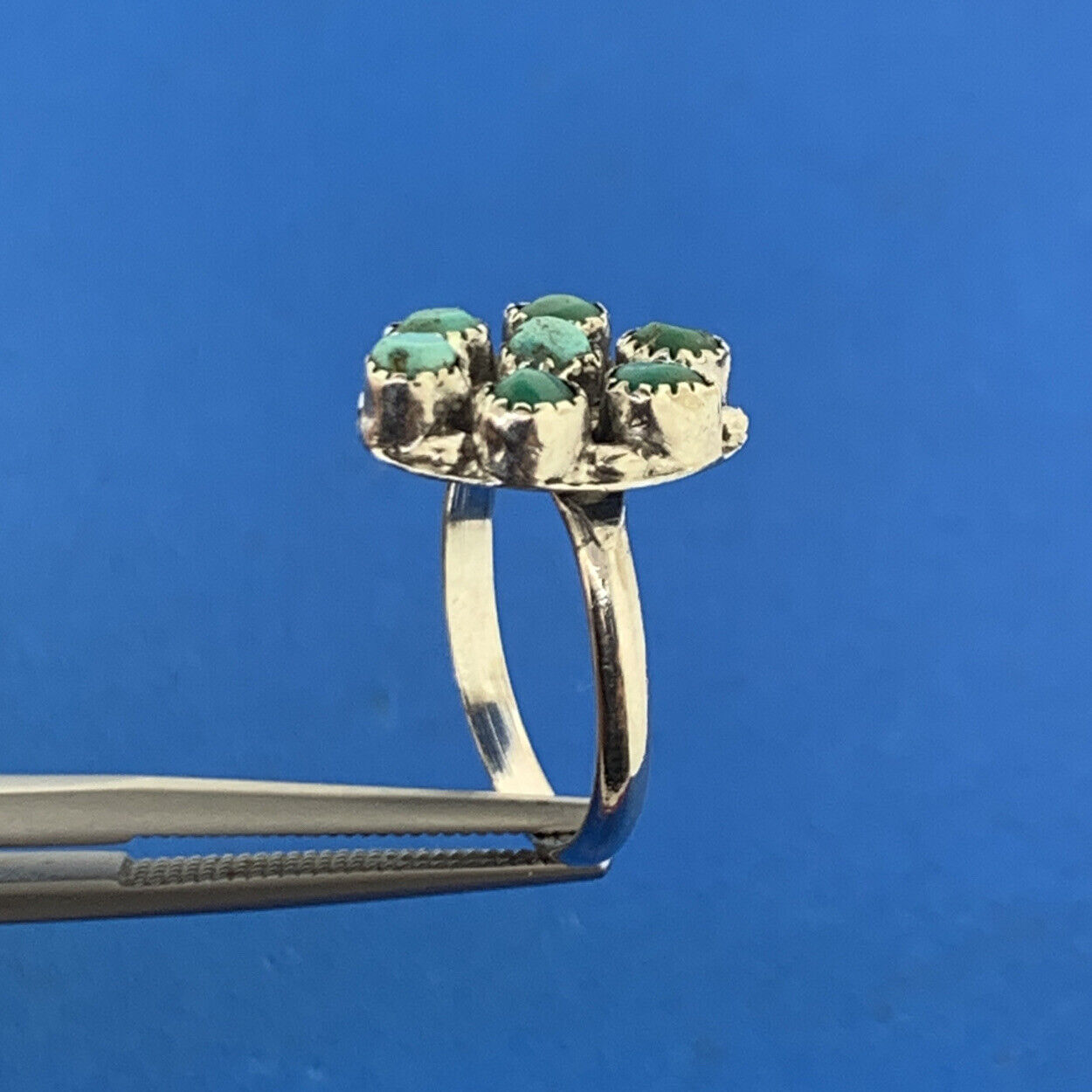 Stunning Sterling Silver 925 7 Green Turquoise Stone Circle Cluster Ring Size 4