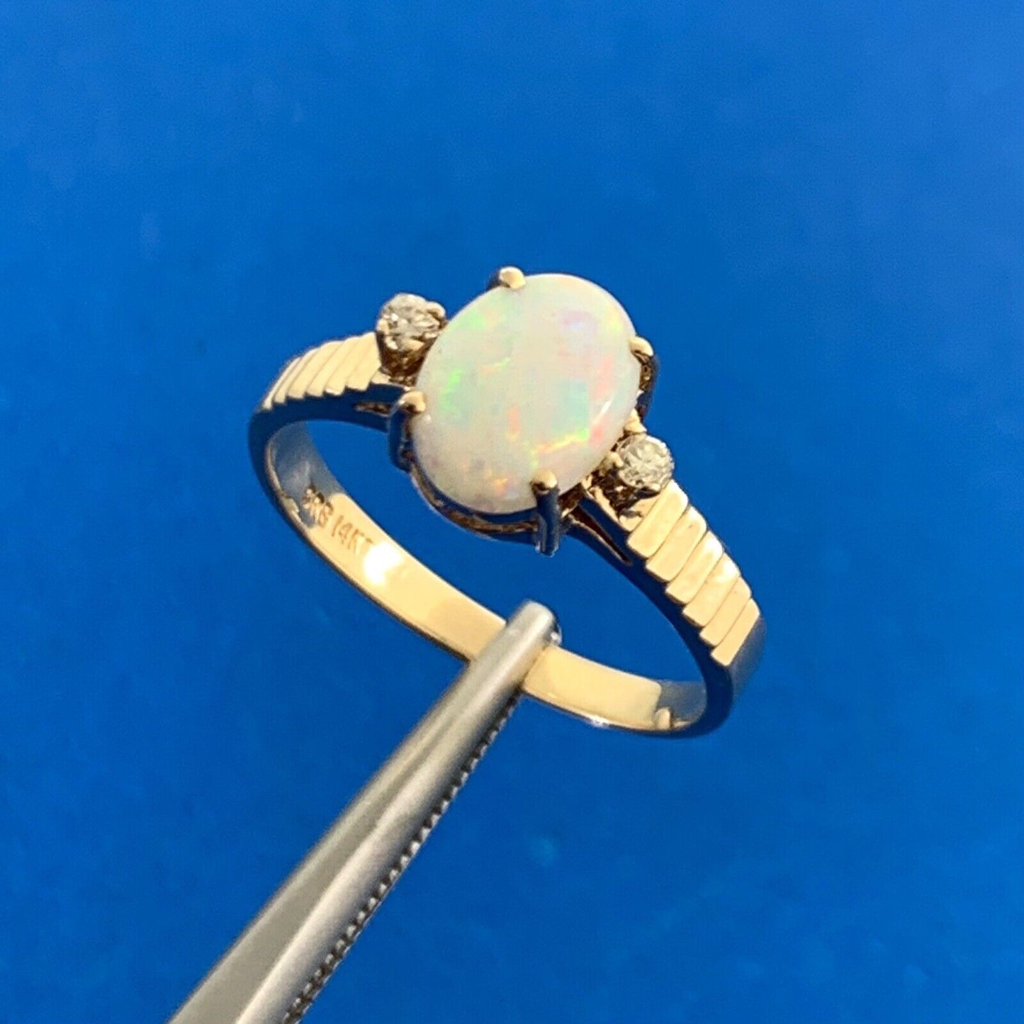 Designer SRB 14K Yellow Gold Oval Opal Diamond Accents Cocktail Ring
