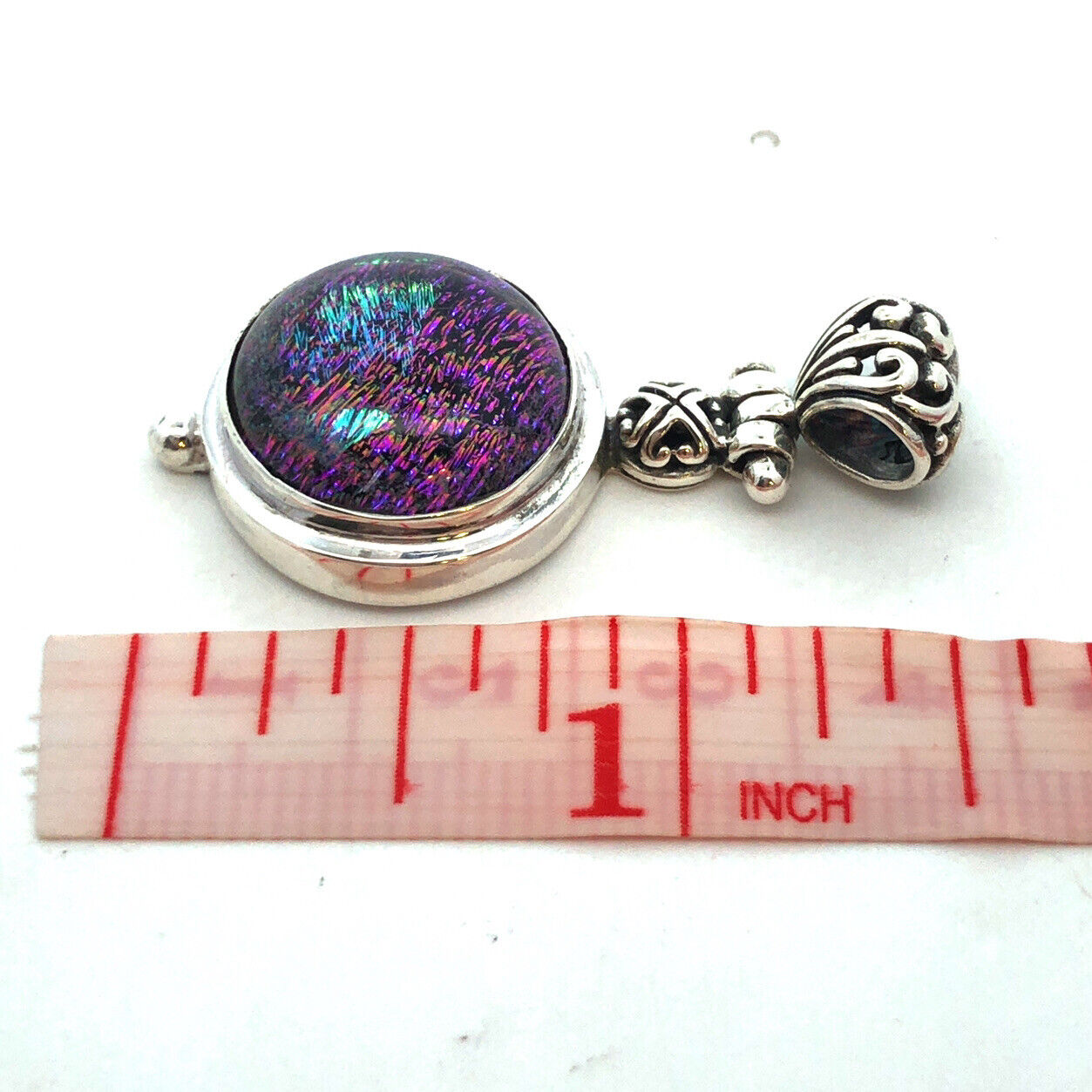 Vintage 925 Sterling Silver Round Purple Green Dichroic Glass Pendant