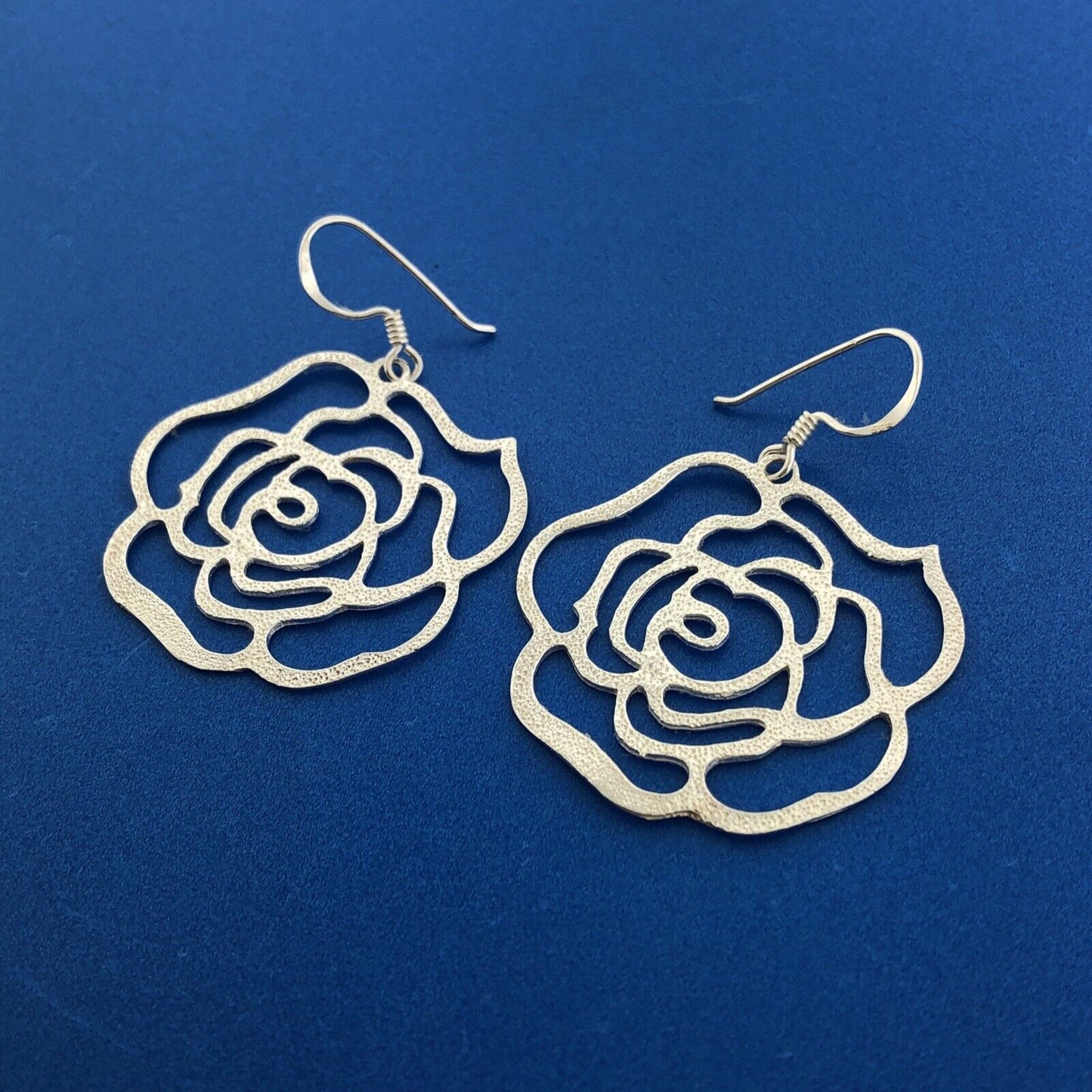 Designer FAS Sterling Silver 925 Openwork Rose Flower Dangle Hook Earrings