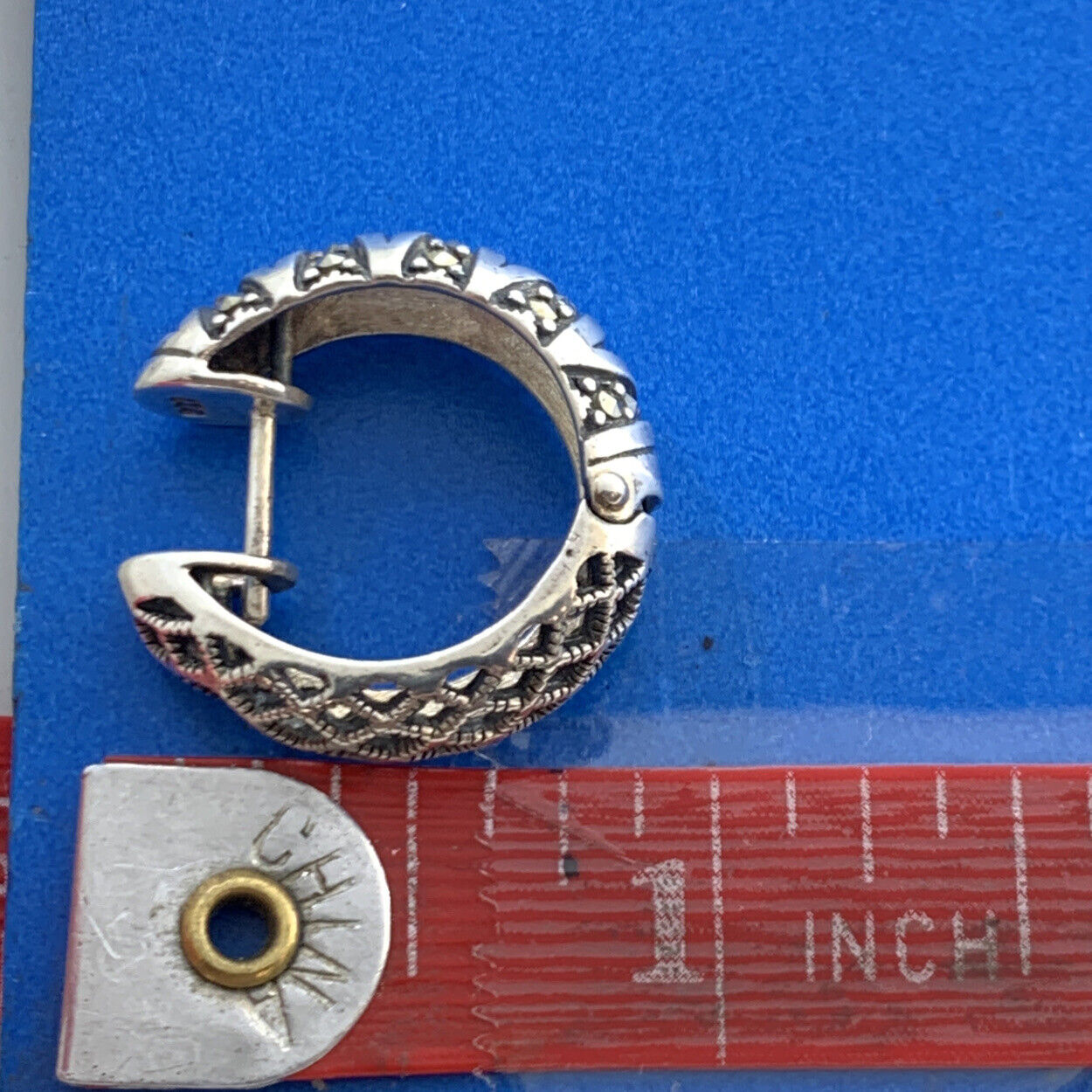 Designer 925 Sterling Silver Marcasite Basket Weave Hoop Earrings