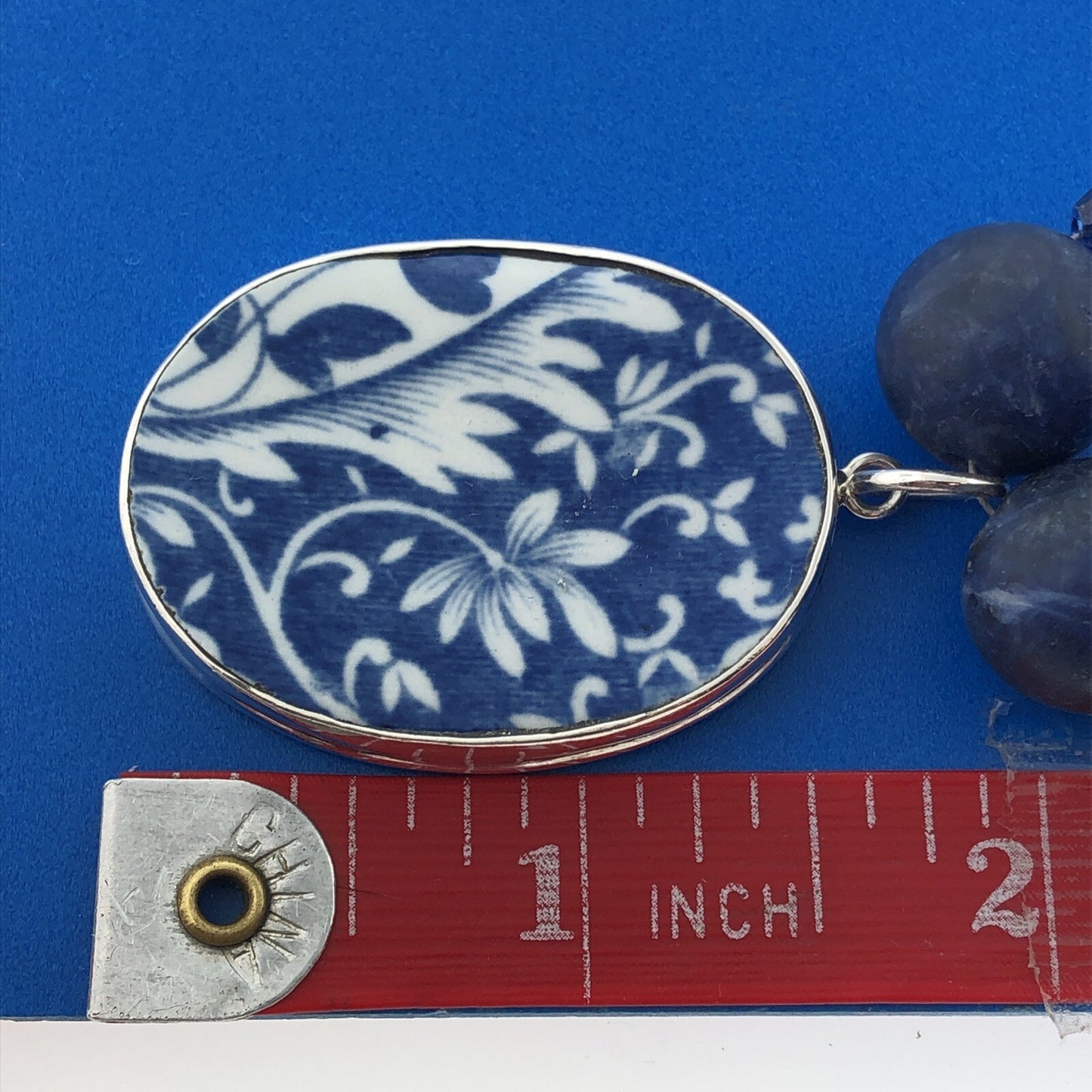 Stunning Sterling Silver 925 Blue Jasper Fine China Pendant 19" Toggle Necklace