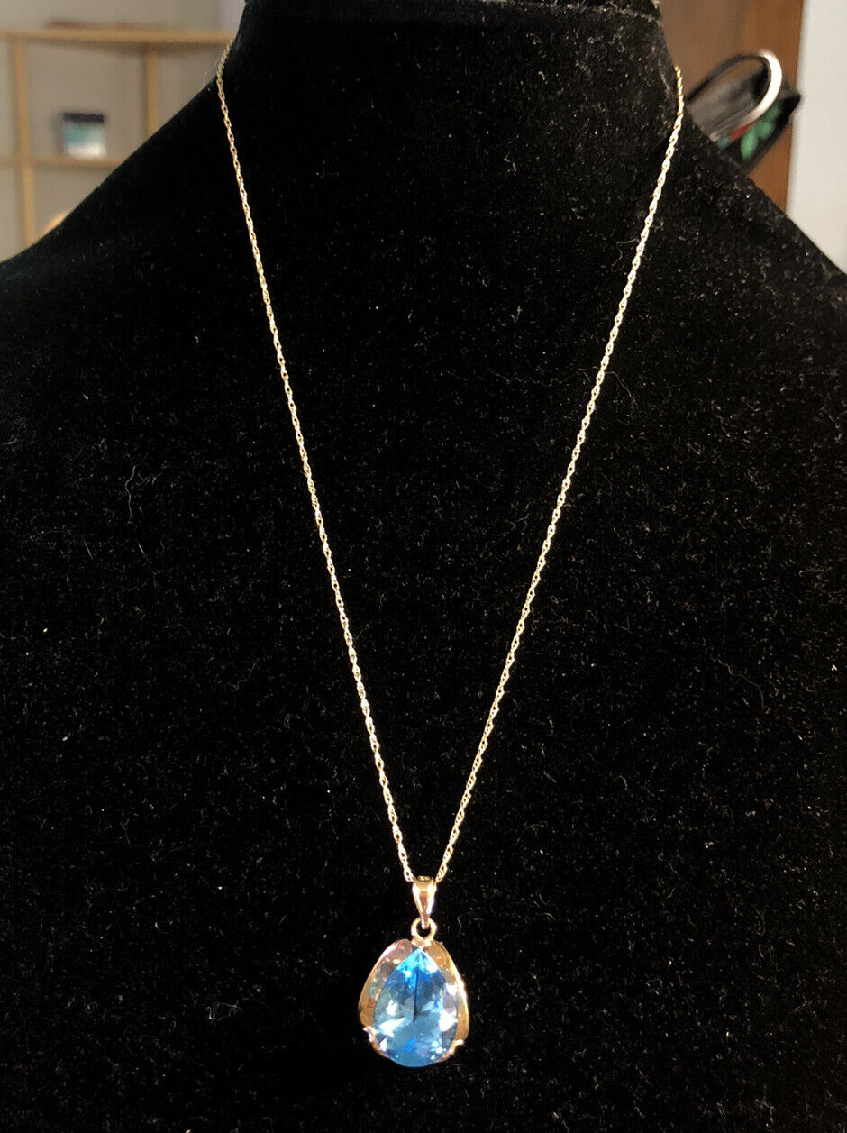 Designer 14K Yellow Gold Pear Blue Topaz Solitaire Statement Pendant Necklace