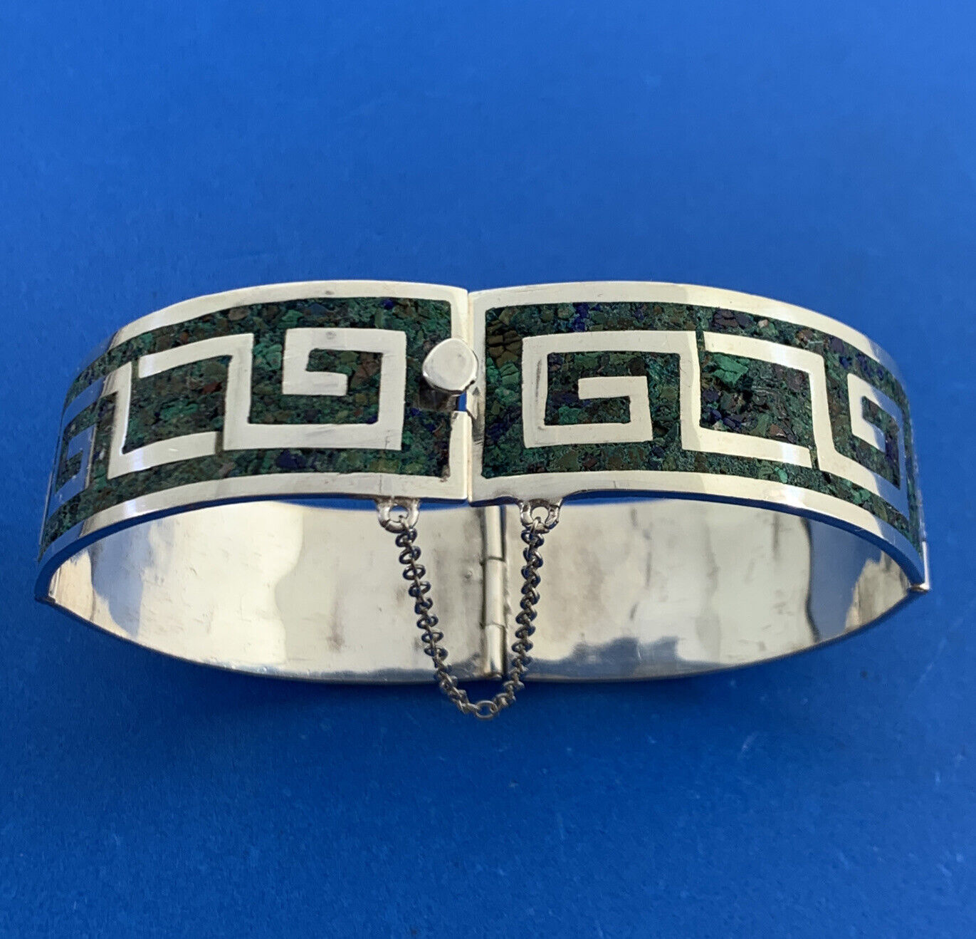 Taxco 925 Sterling Silver Mexico Turquoise Inlay Cuff Panel Bracelet