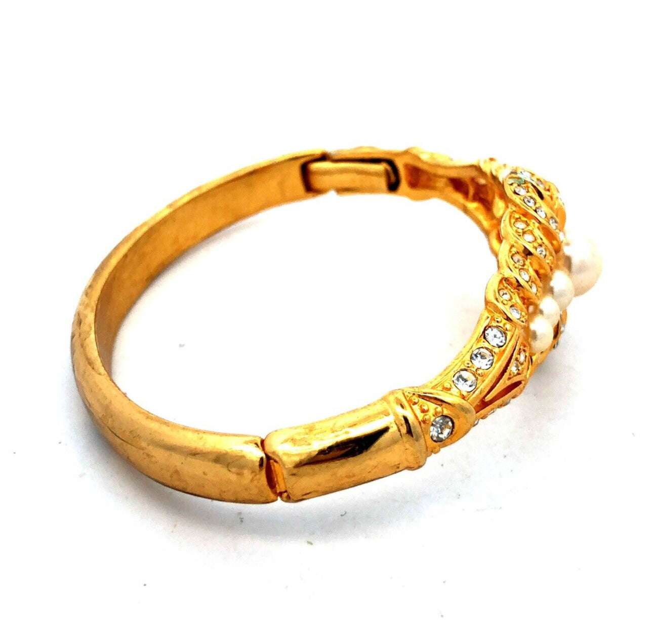 Vintage Barbara Mandrell Gold Tone Faux Pearl Rhinestone Hinged Cuff Bracelet